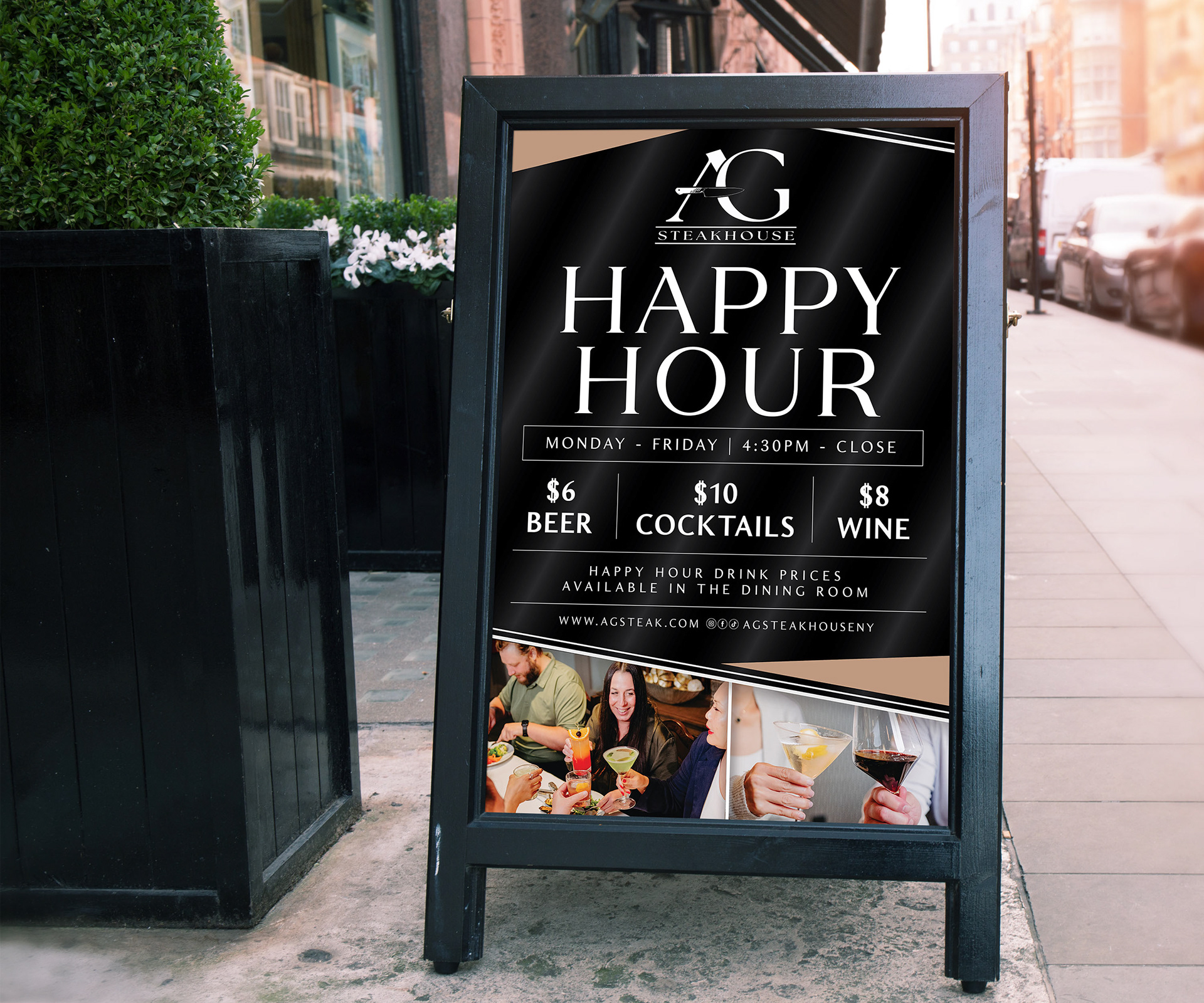Mockup of Happy Hour Street A-Frame Signage
