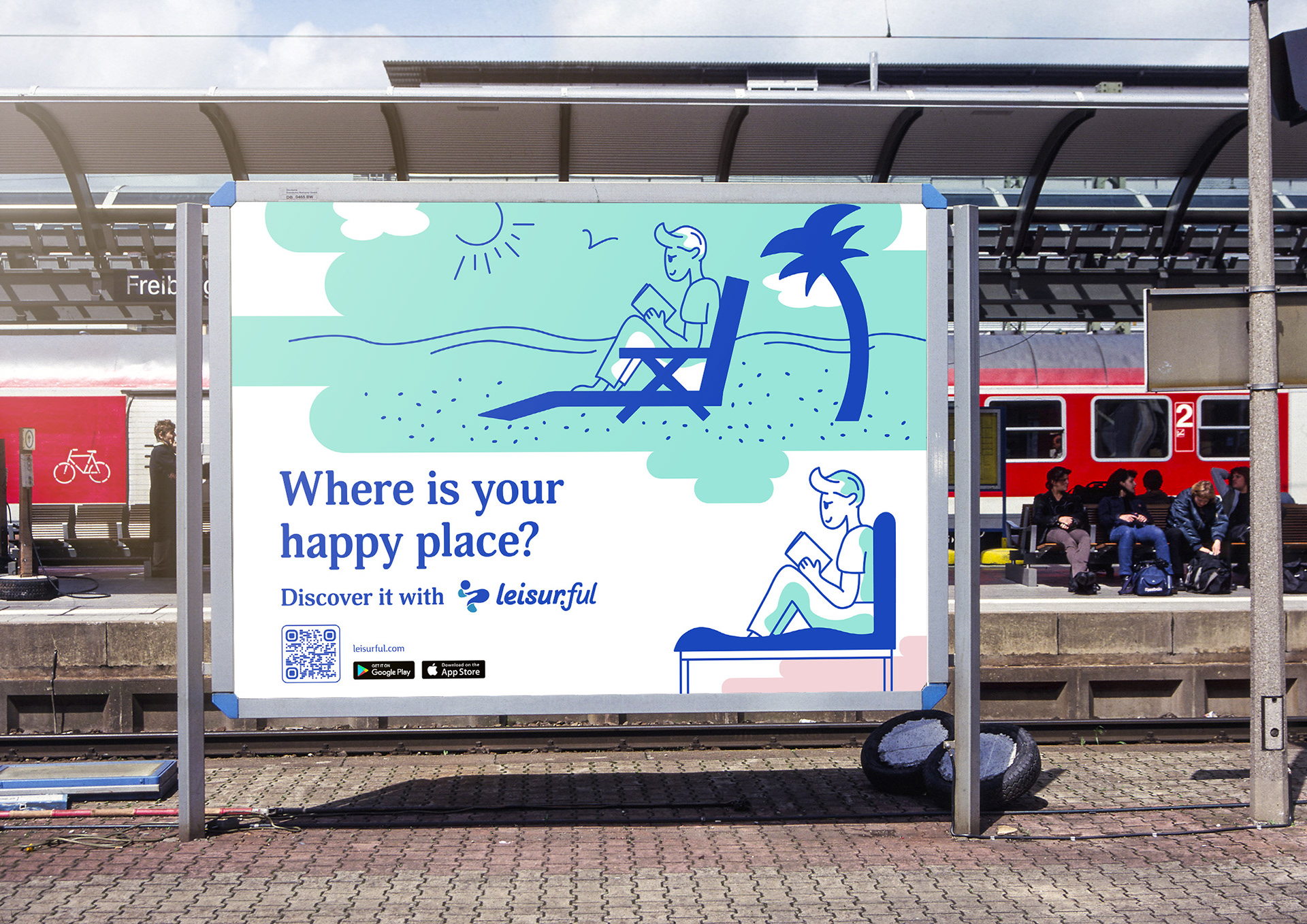 Horizontal billboard design for Leisurful app, showcasing lifestyle illustrations and campaign slogan aimed at commuters