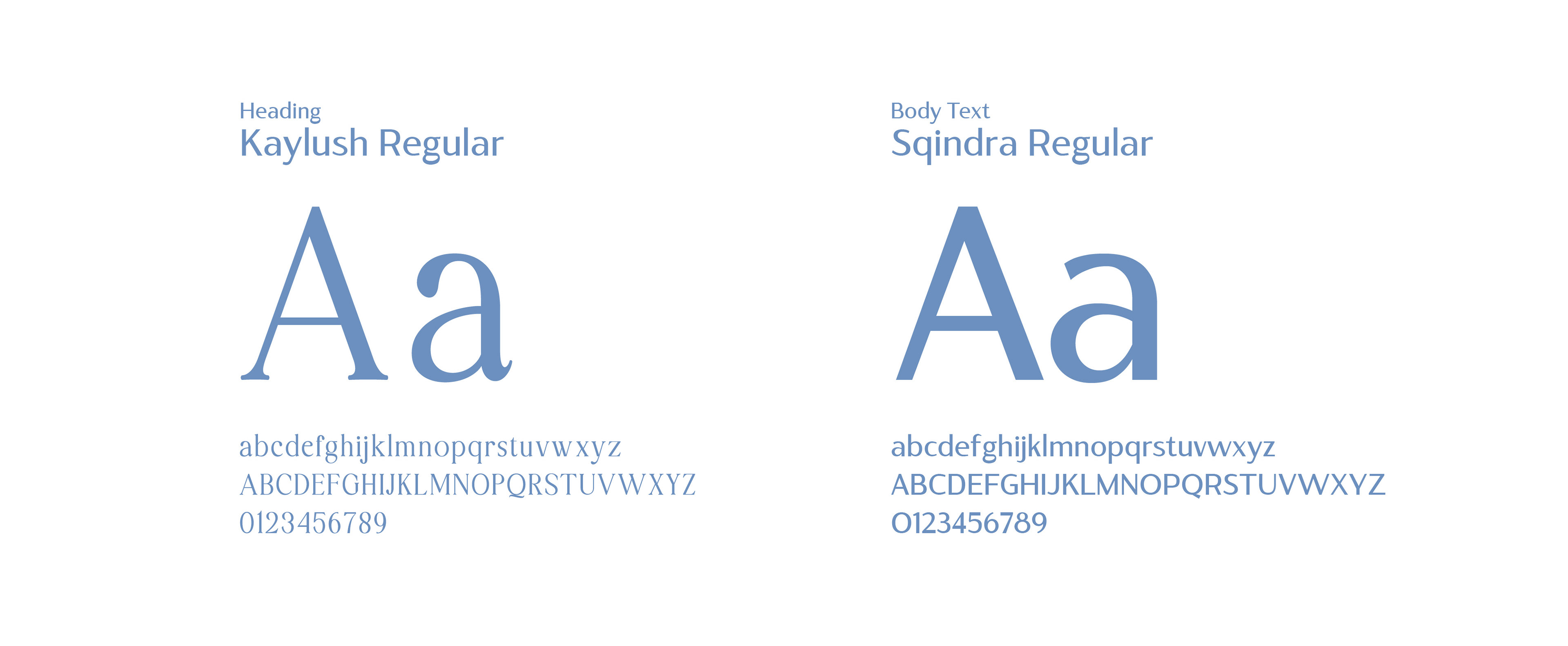 Typography used for the brand and the aplhabet displaying all the characters of each typeface, Kaylush for Headings and Sqindra for Body Text
