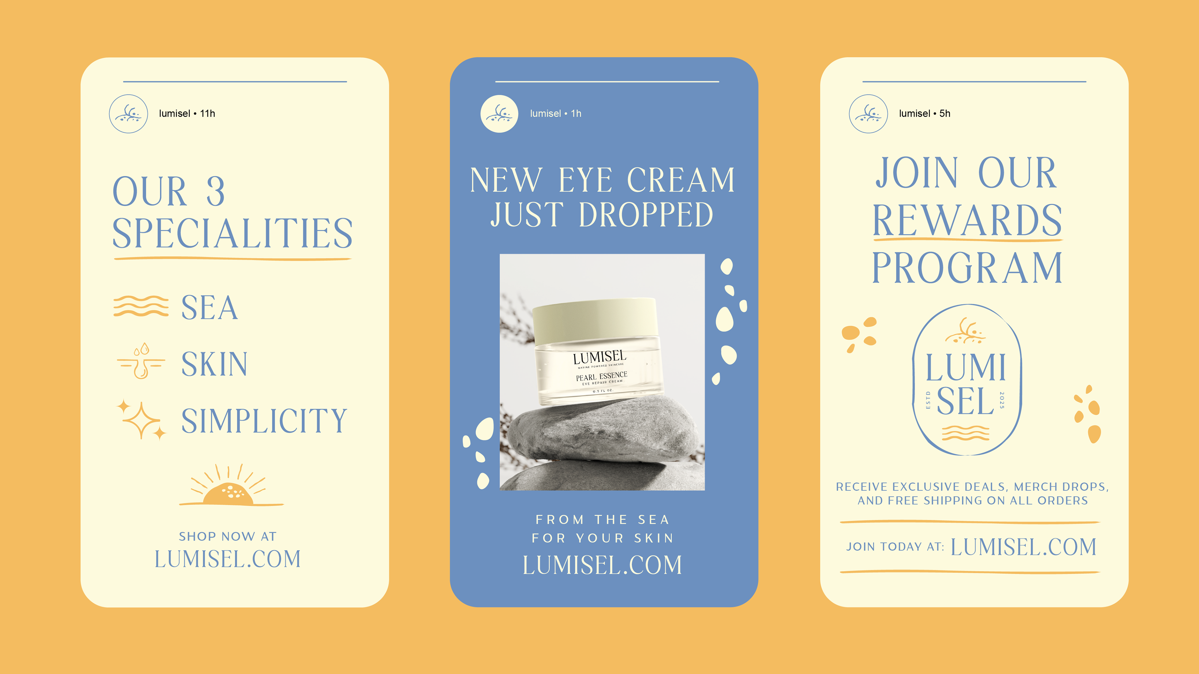 Three instagram different story promos depicting cohesive branding across social media