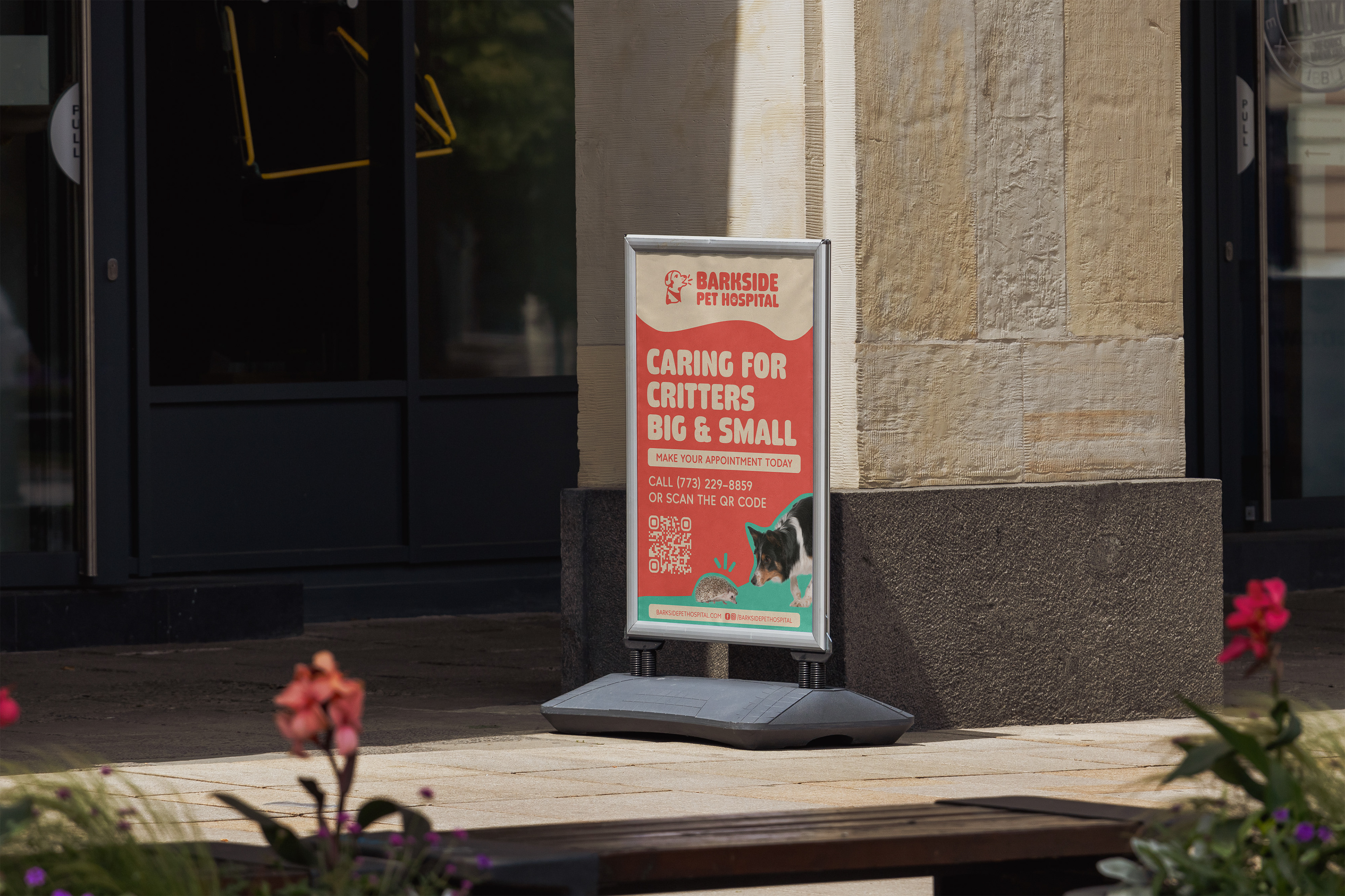Outdoor branding mockups for Barkside Pet Hospital including a-frame design outside of building
