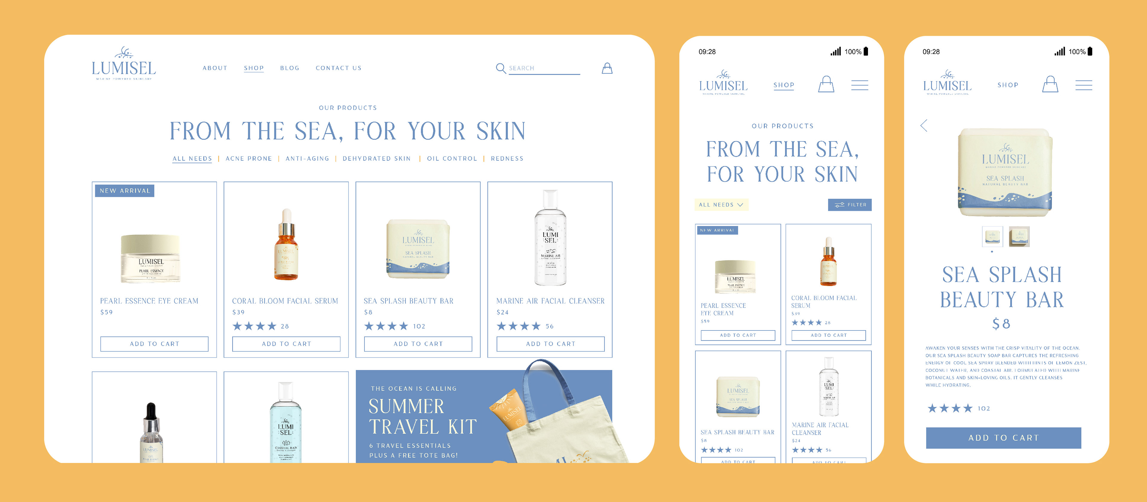 Lumisel UI mockup of product pages of website depicting responsive design techniques