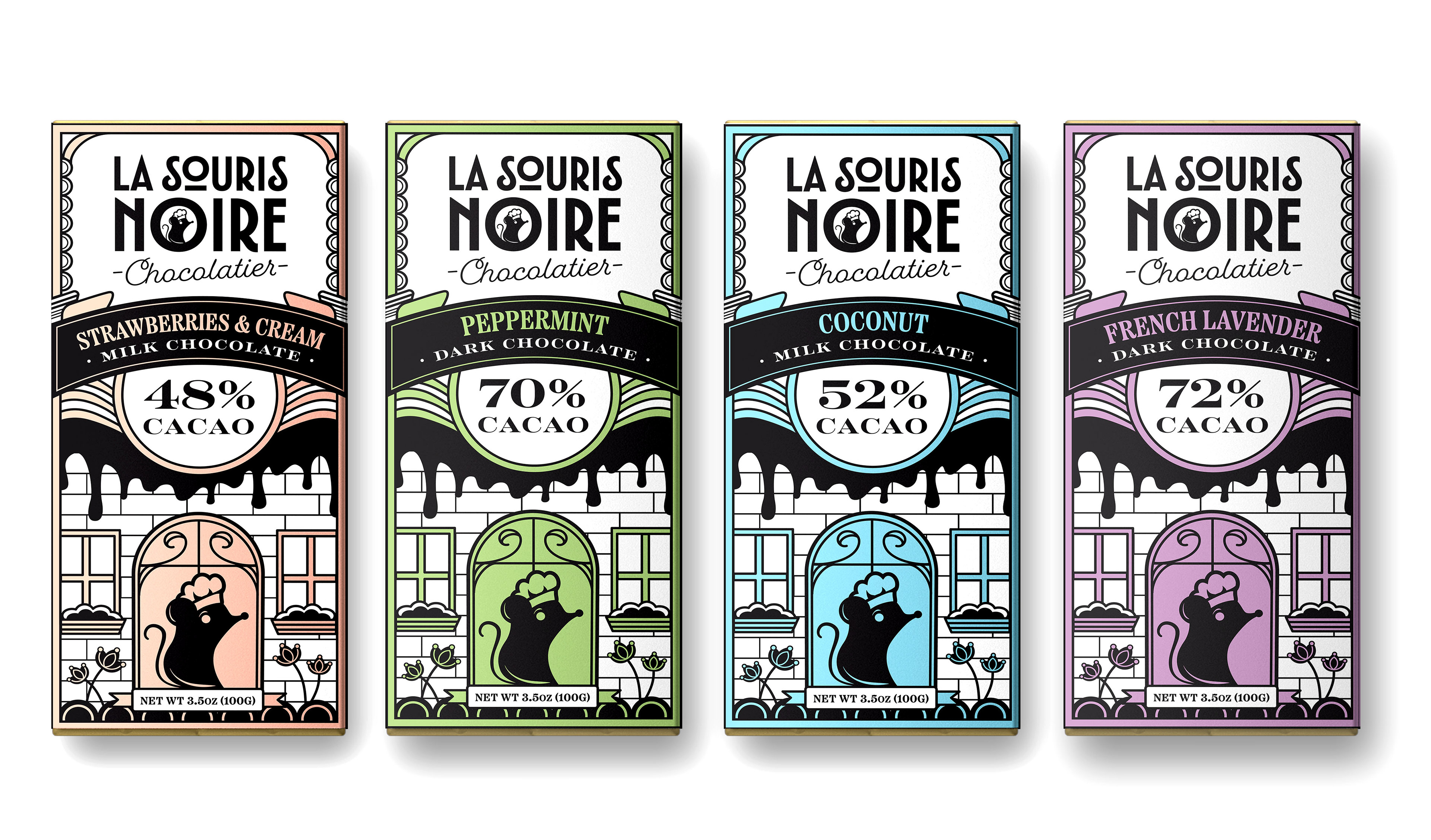 Front of Chocolate Bar Mockups of all flavors, Strawberries and Cream, Peppermint, Coconut and French Lavender