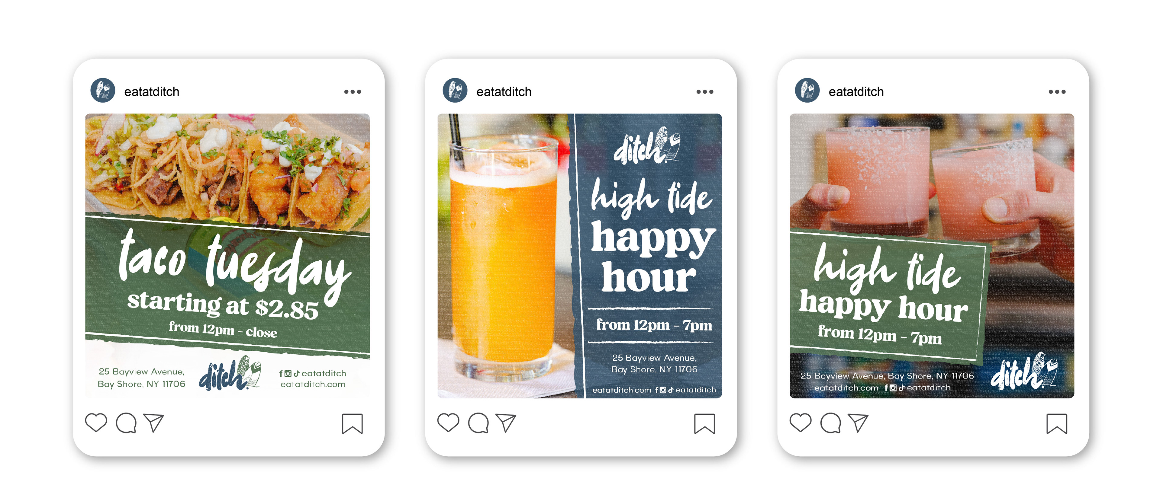 Three Social media post mockups depicting weekly specials along with two variants of high tide happy hour,