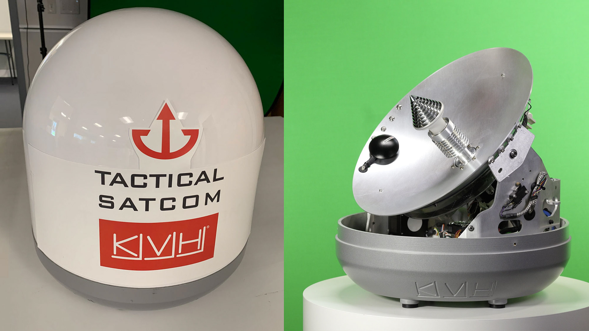 Image of antenna with markup logo for sizing and image of antenna with dome off