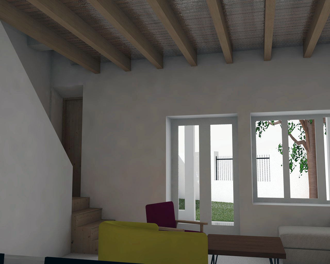 vue 3D _ ouverture de la façade sud et de la cloison de l'excalier