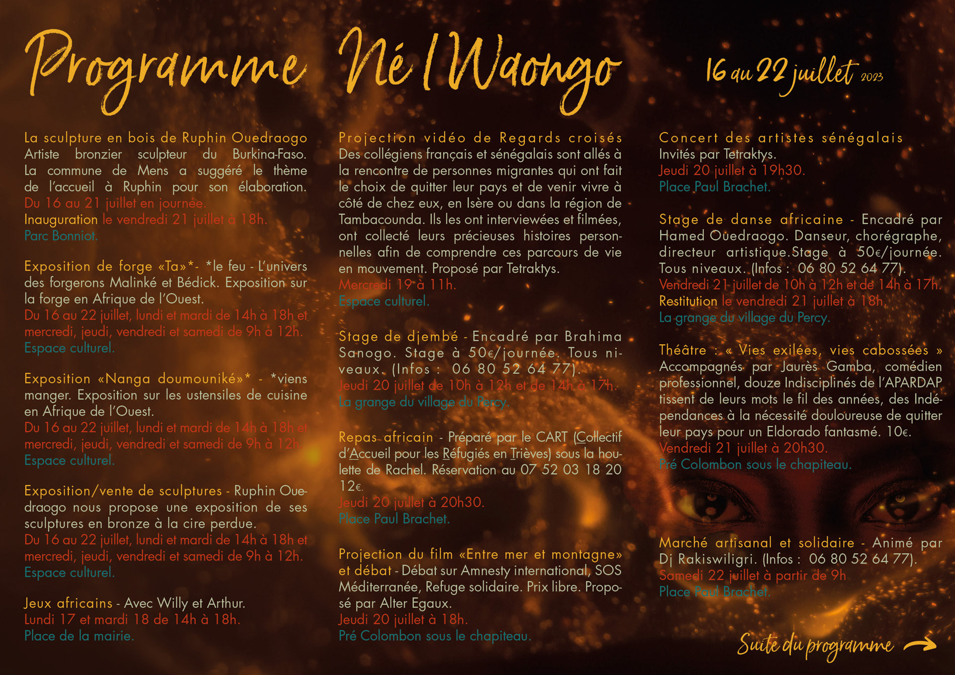 Dépliant pour la semaine culturelle et solidaire Né I Waongo à Mens