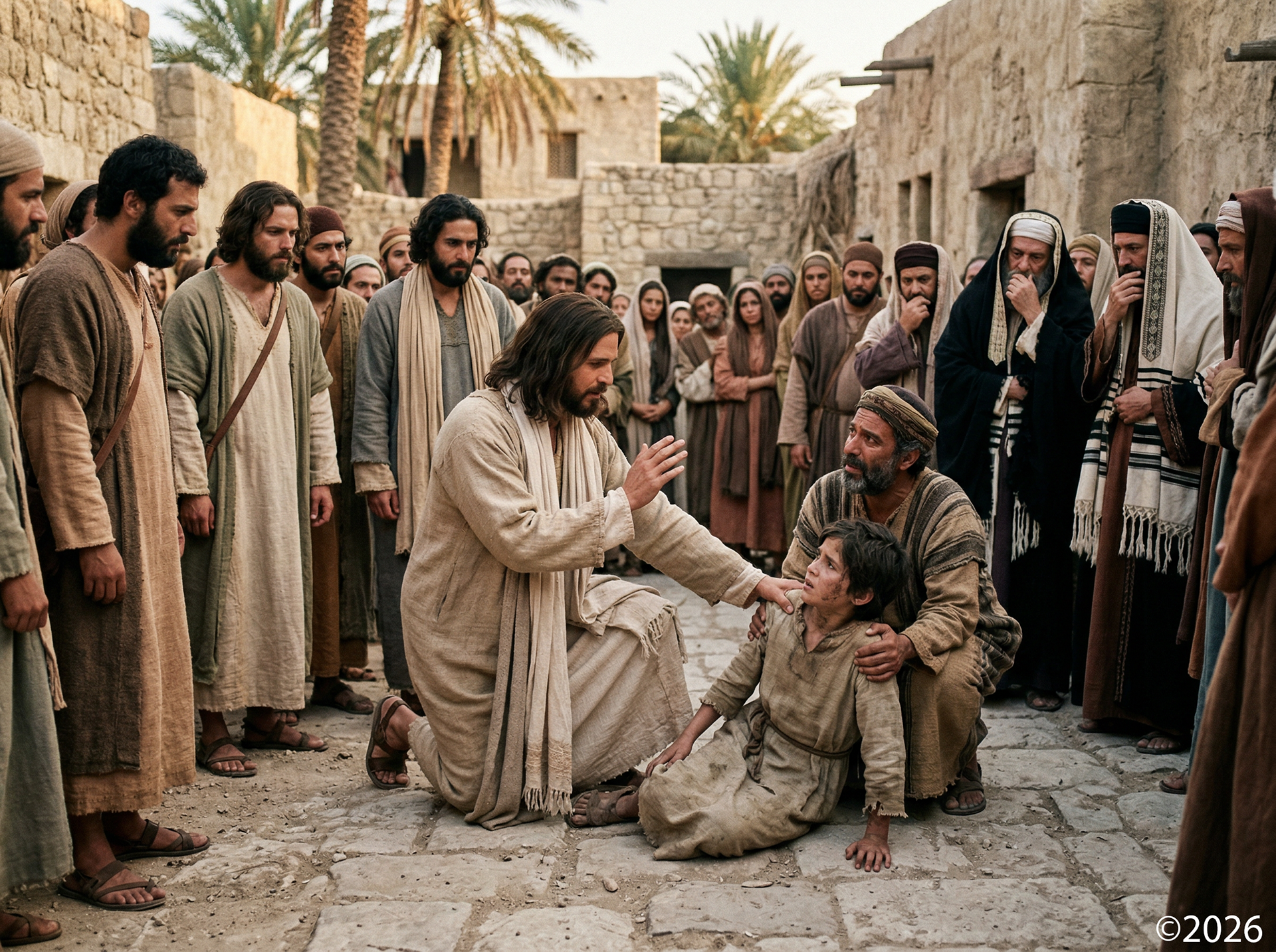 Jesus exorcising the Demon from the Boy Mark 9:17–29, Matthew 17:14–21, Luke 9:40–44.