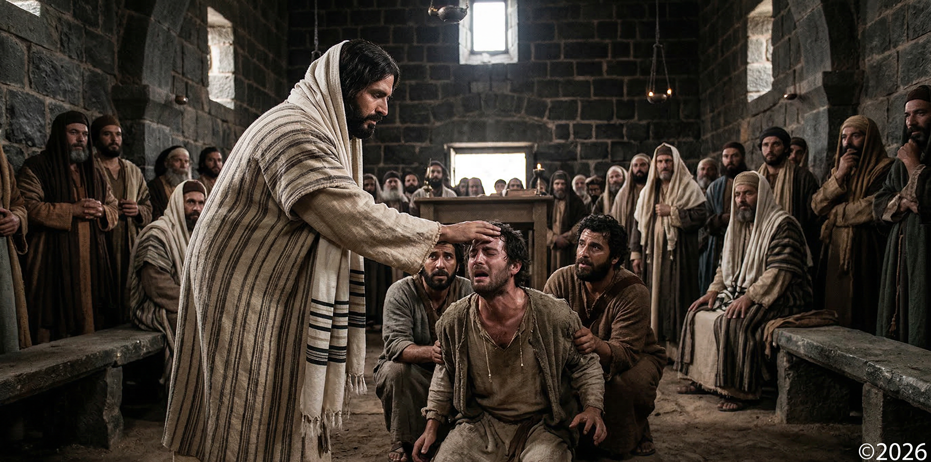 Healing a man with an unclean spirit: Mark 1:21-28.