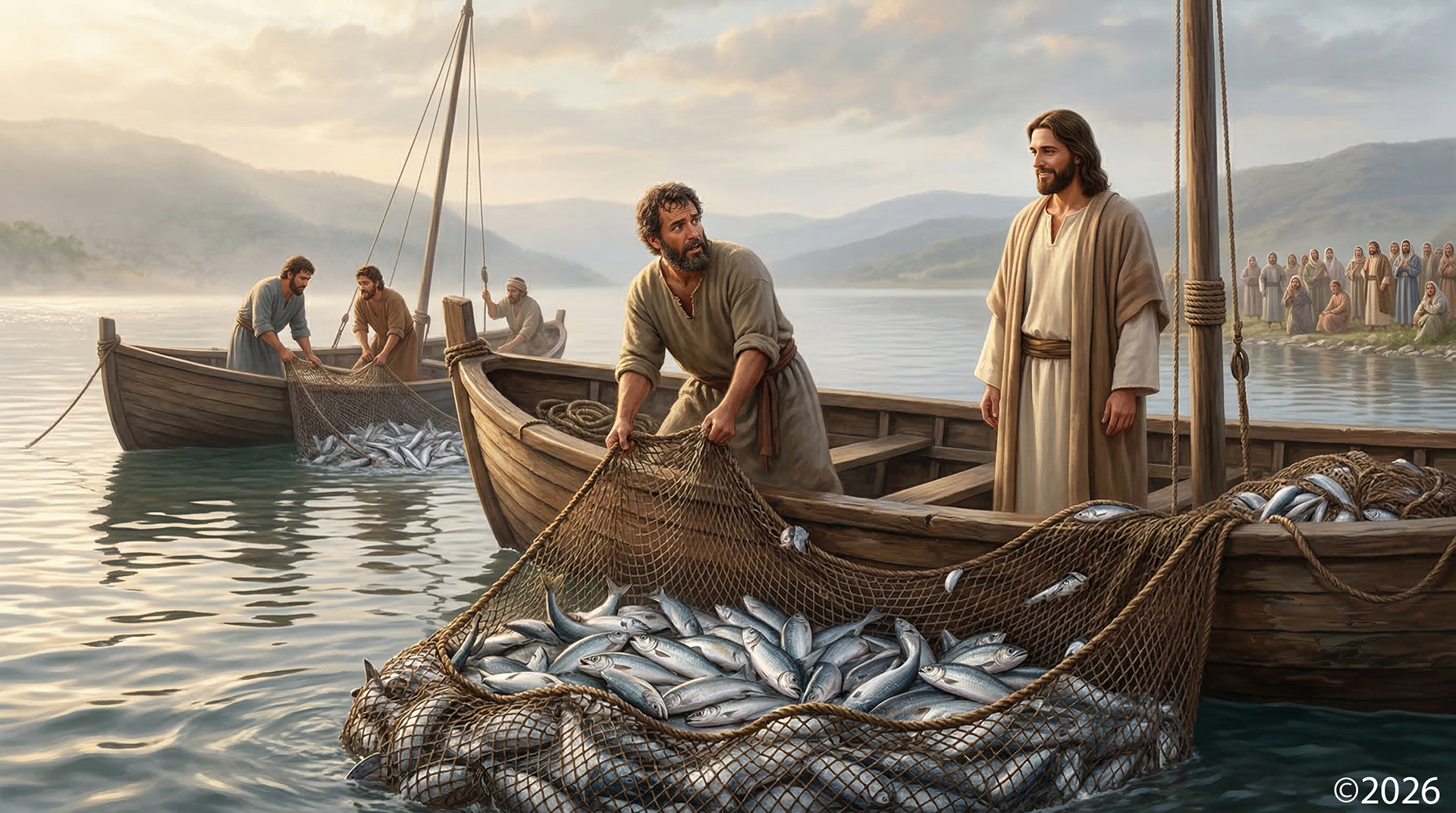 First miraculous catch of fish: Luke 5:1-10.