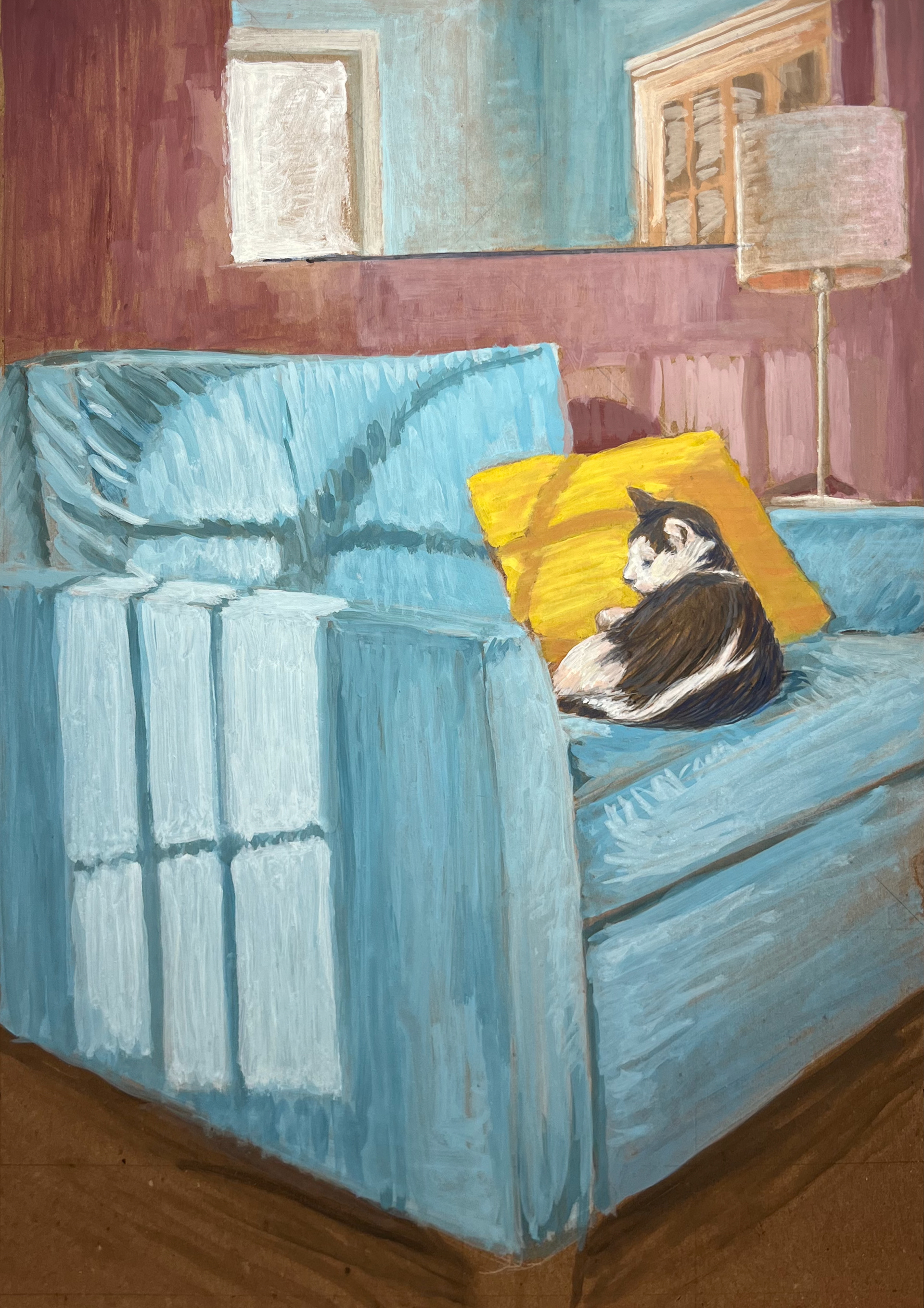 Alfie in Chair, 2023, oil on cardboard, 20.5” x 15”
