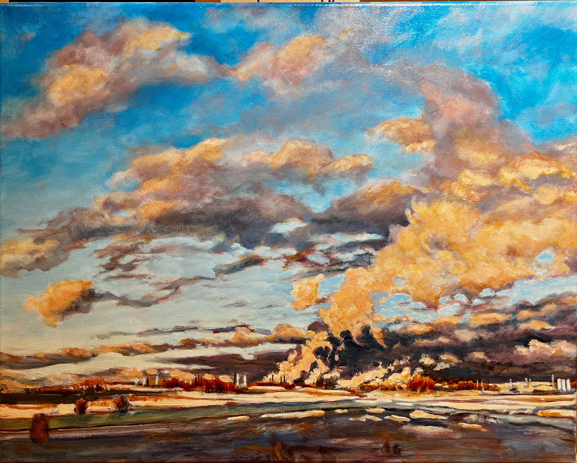 Industry/Sunset (Refinery), 2025, oil on canvas, 15.75” x 20”