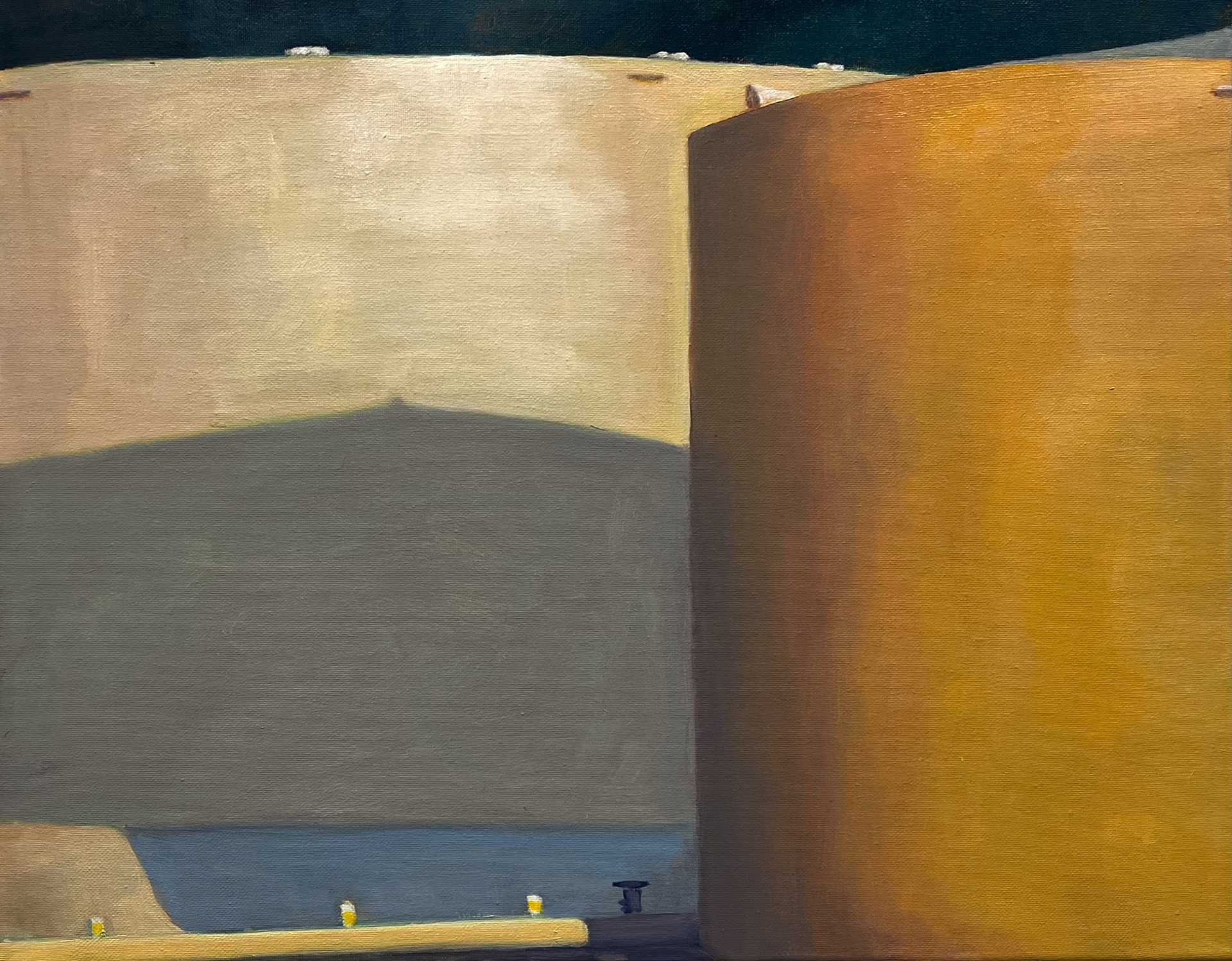 Industry at Sunset (Storage Tanks), 2025, oil on canvas, 15.75” x 20”