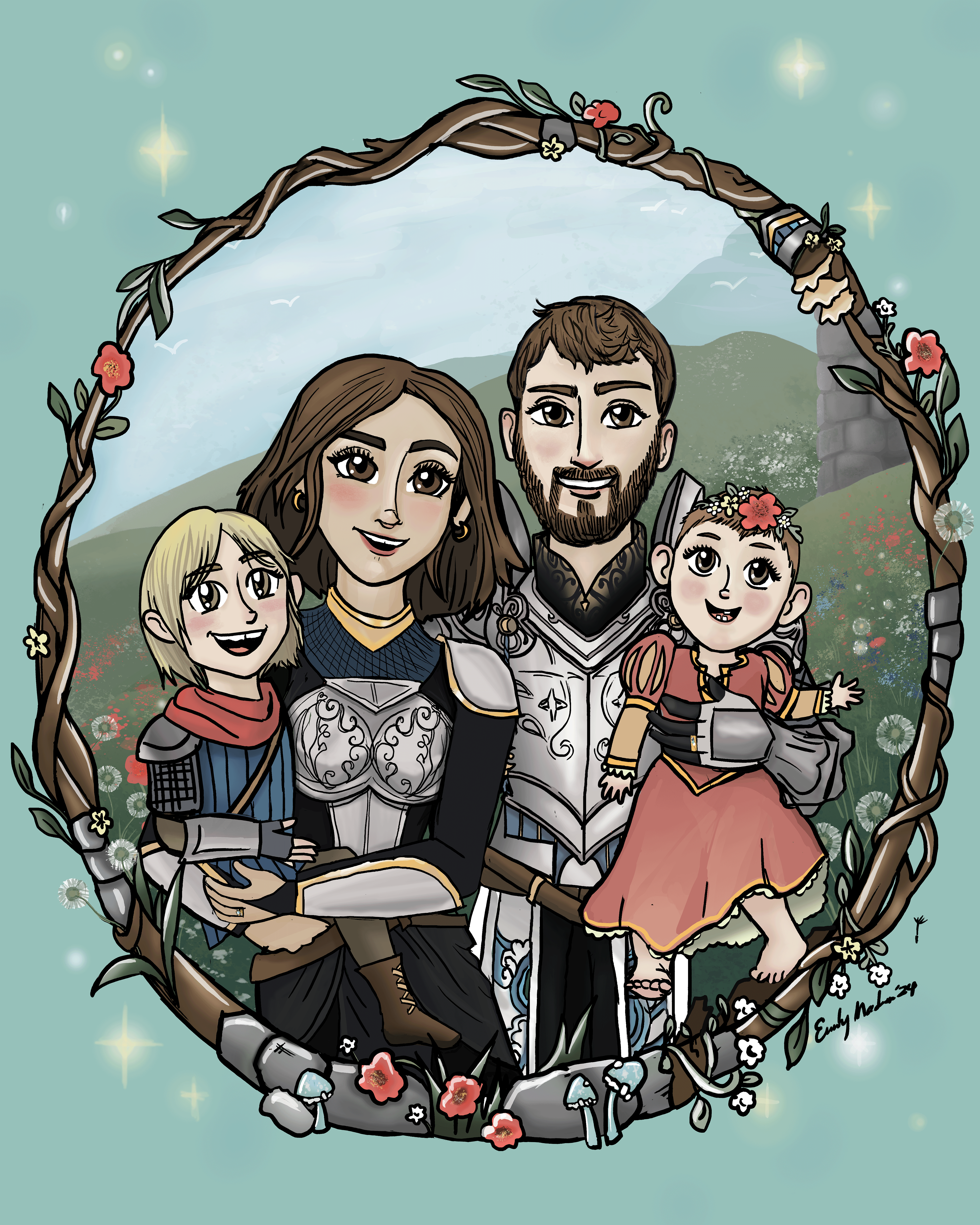 Madsen Family Portrait 2024 - 3/4 Body - Ornate Border, Simple Background, "Knightcore" theme.