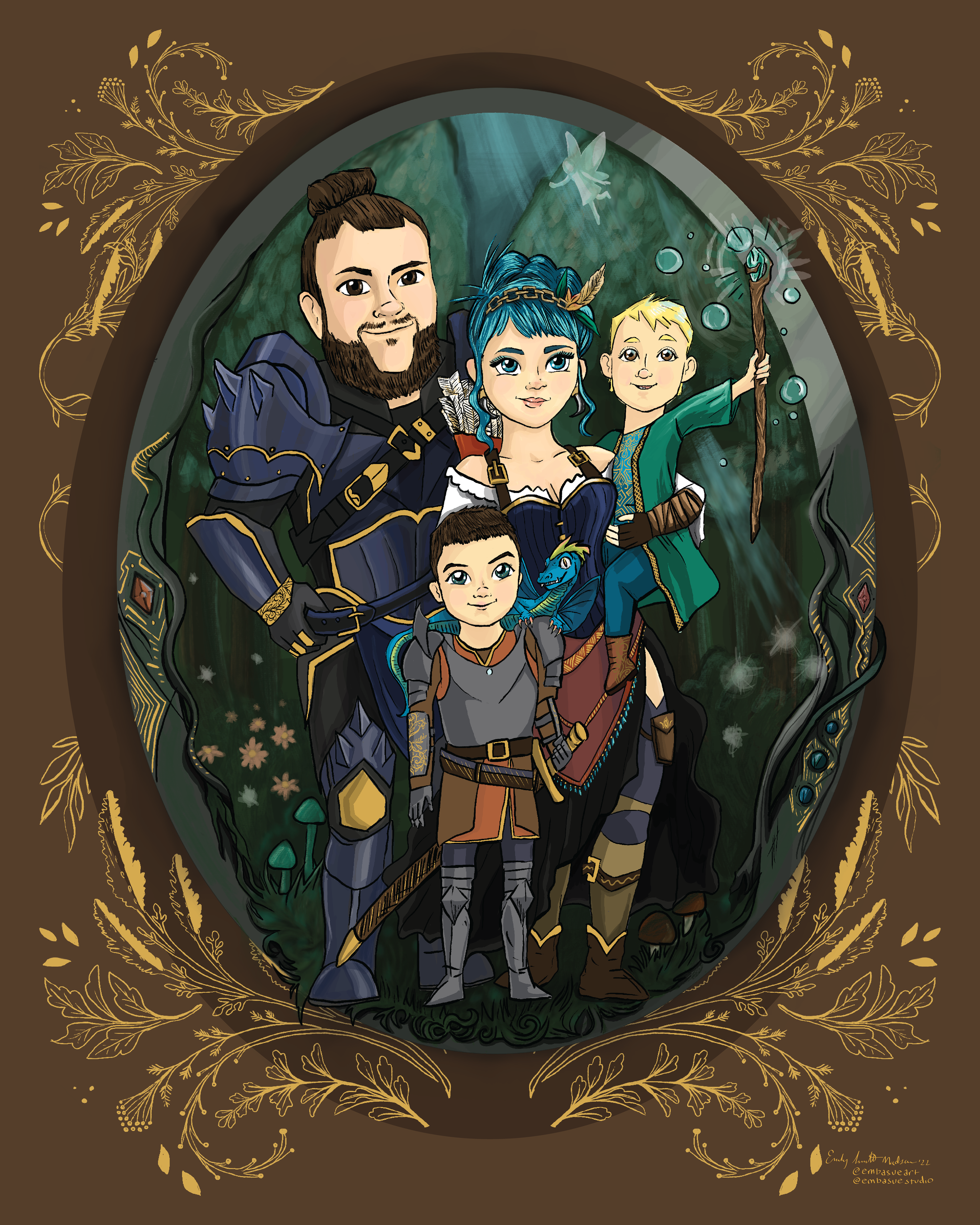 Family Portrait - Full Body - Ornate Border, Simple Background, Dungeons + Dragons theme.