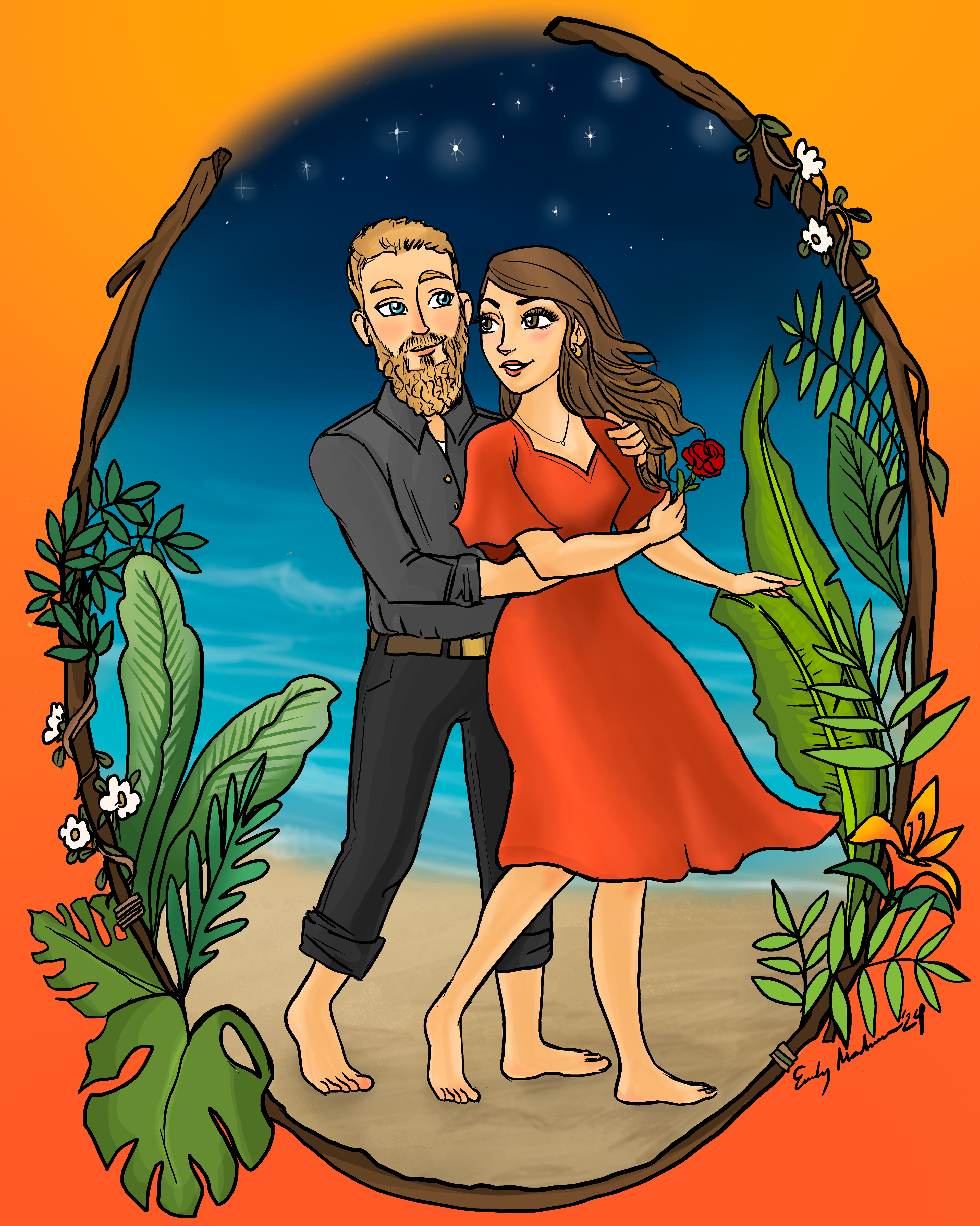 Couple Portrait - Full Body - Ornate Border, Simple Background, Tropical Fantasy theme.