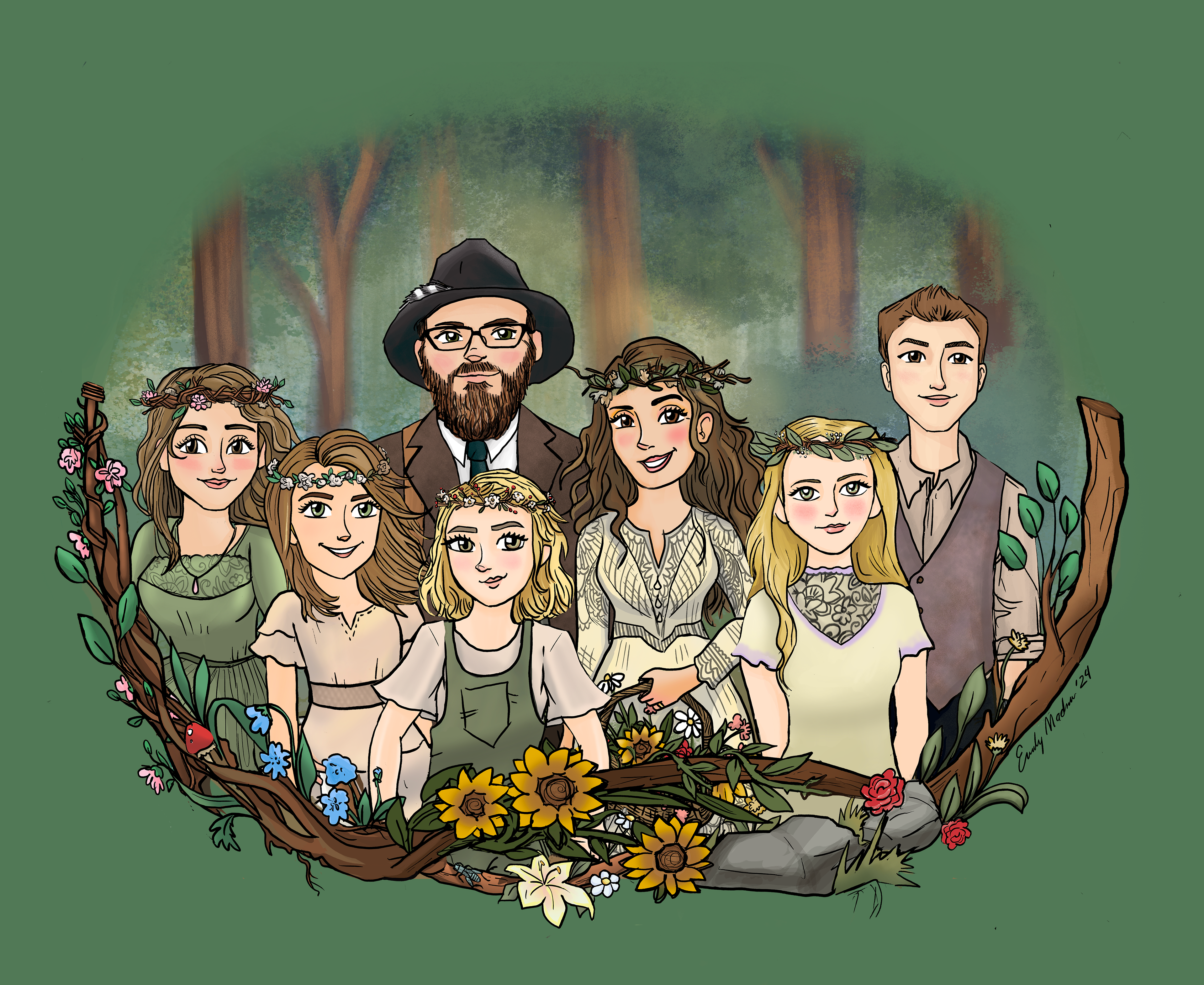 Family Portrait - 3/4 Body - Ornate Border, Simple Background, Woodland theme.
