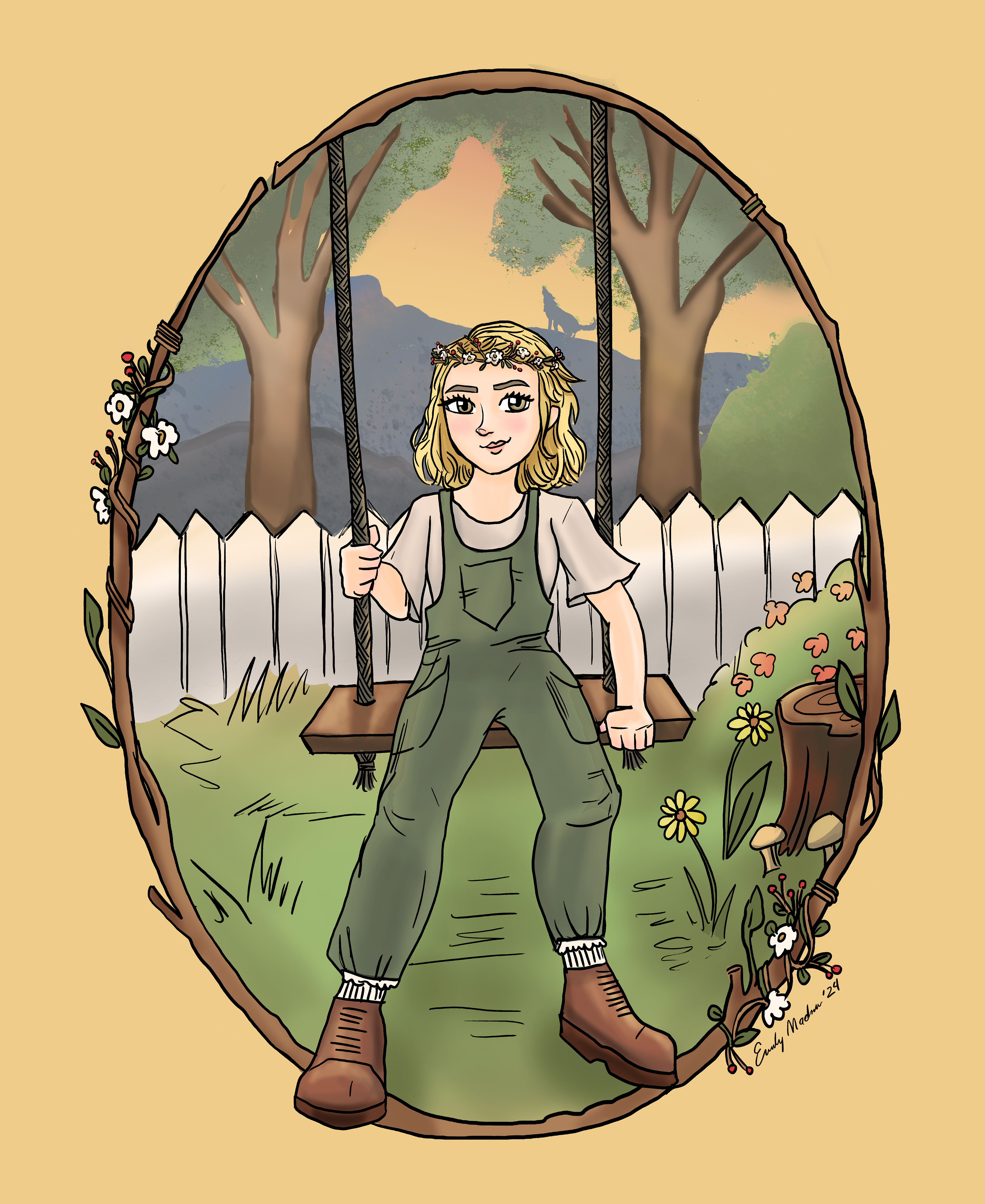 Individual Portrait - Full Body - Simple Border, Detailed Background, Playful and Youthful theme.