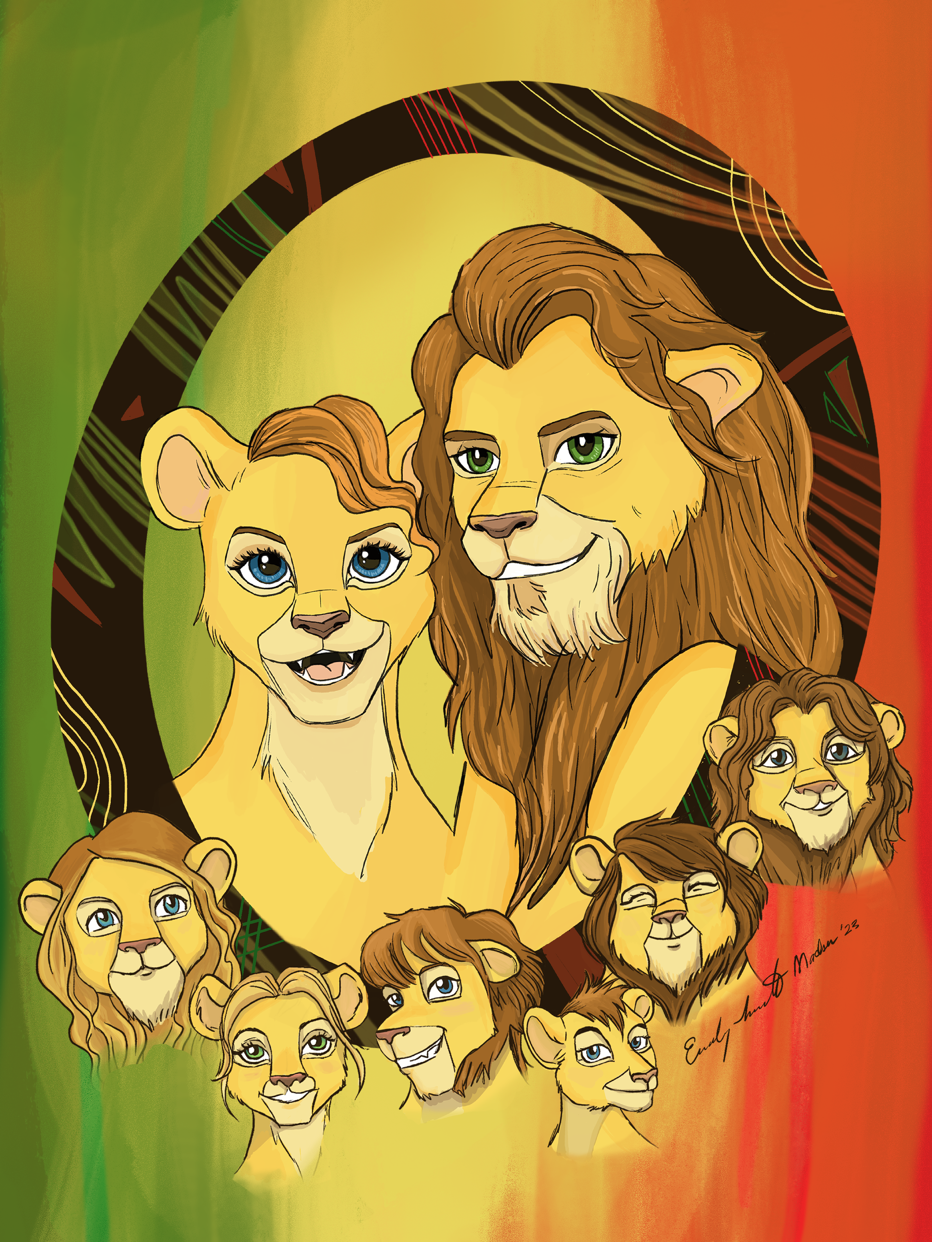 Family Portrait - Bust - Simple Border, Simple Background, Rasta Lion Theme.