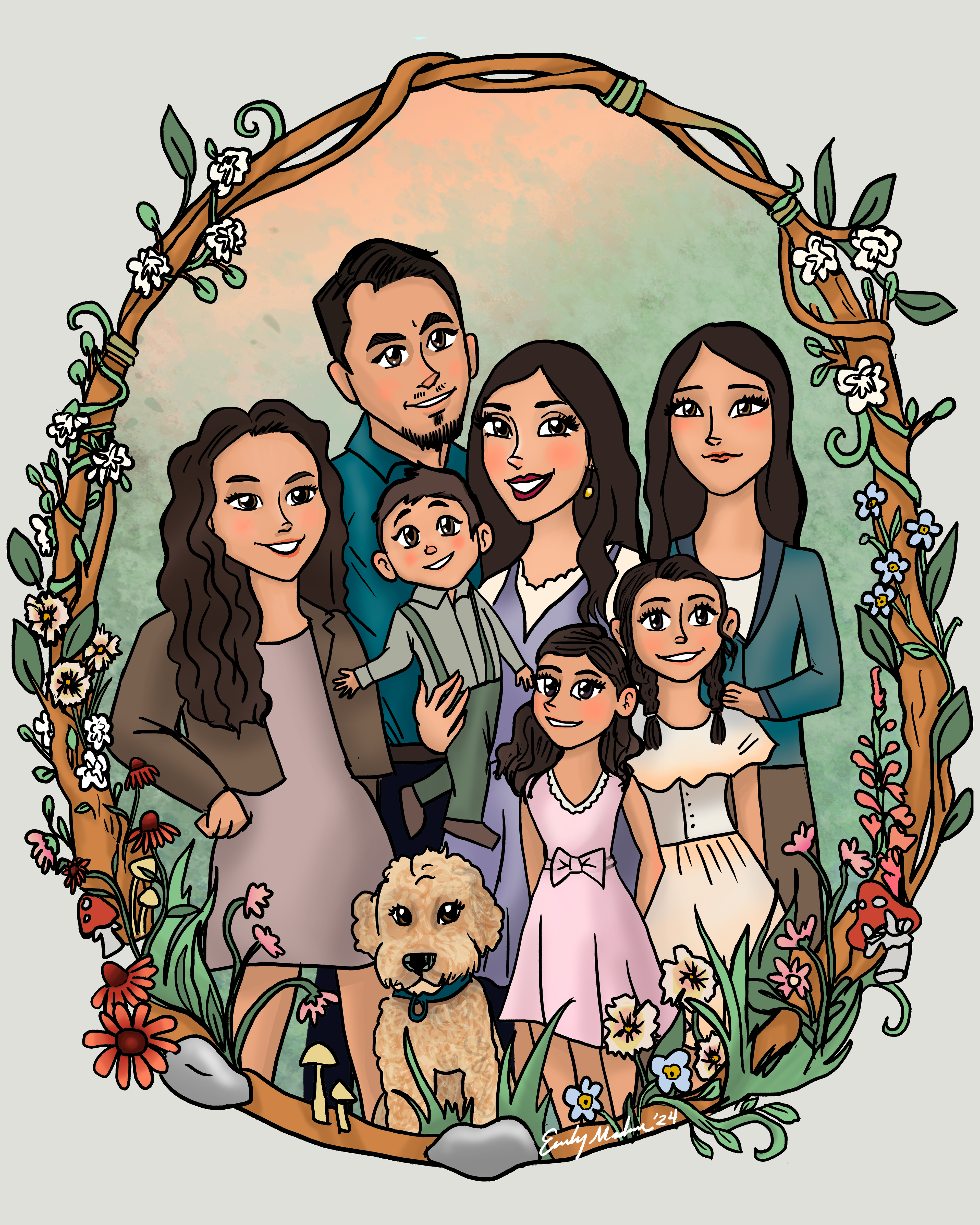 Family Portrait - Full Body - Ornate Border, Simple Background, Pastel "Cottagecore" theme.