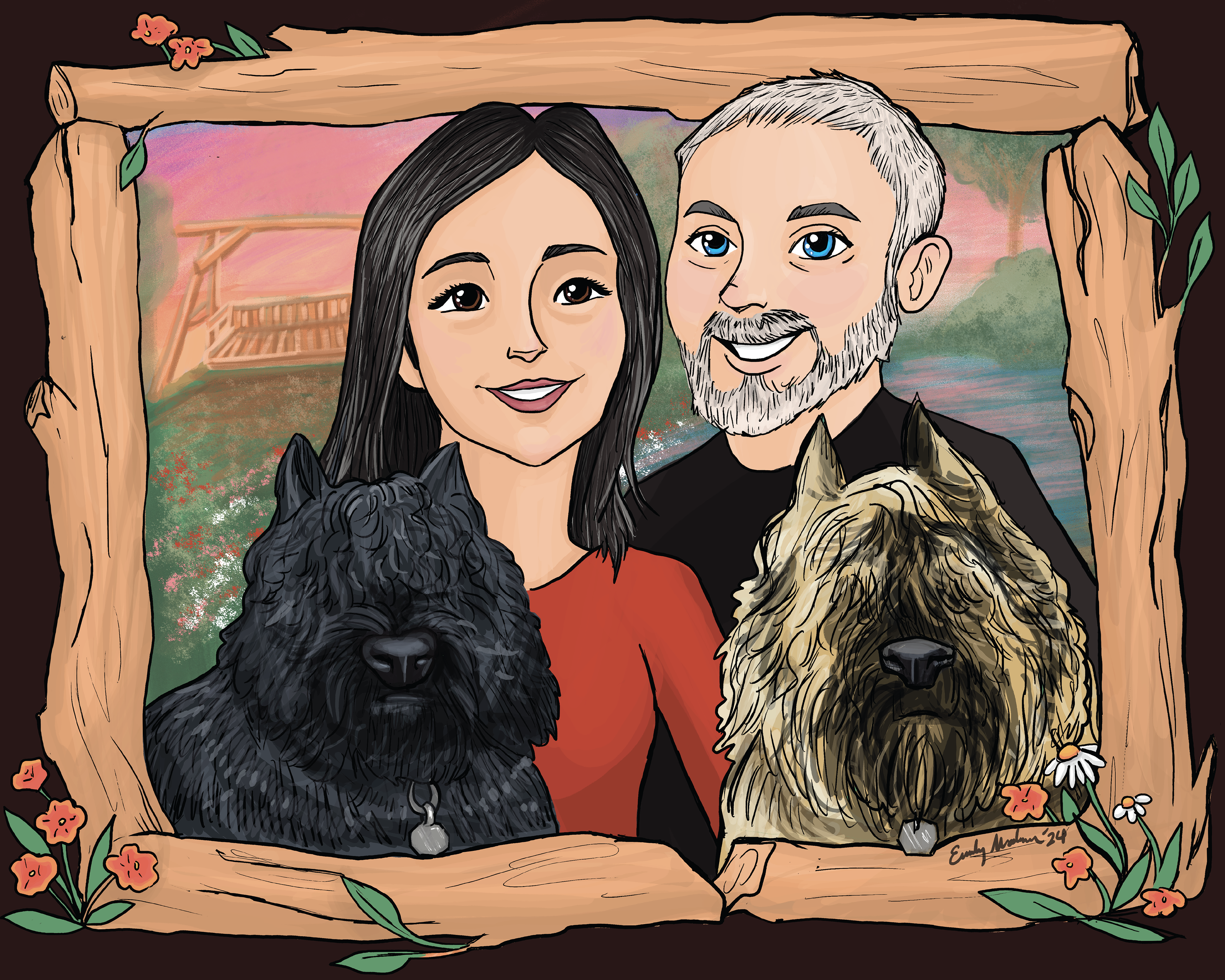 Family Portrait - Bust - Thick Rustic Border, Simple Background.