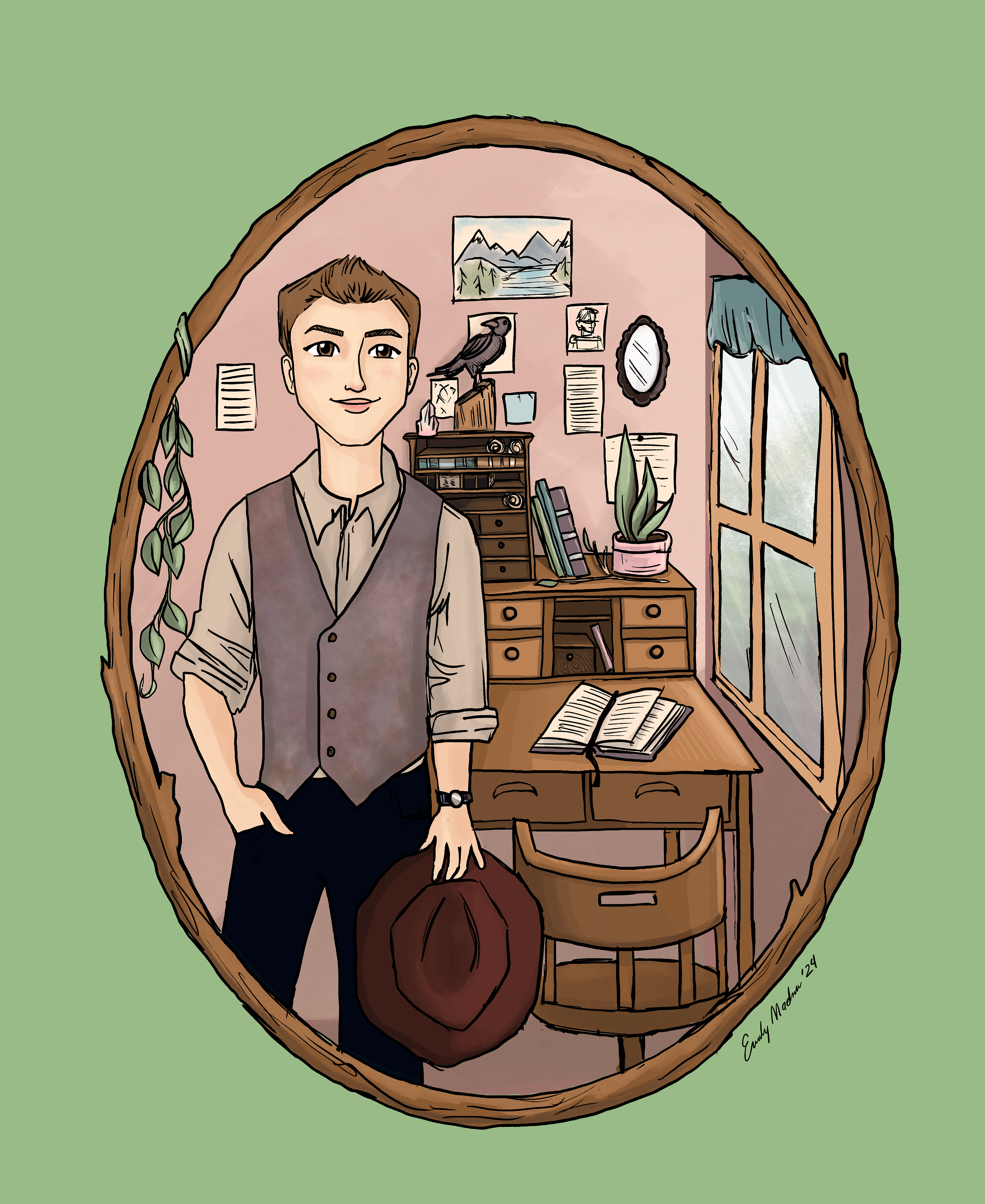 Individual Portrait - 3/4 Body - Simple Border, Detailed Background, Light or Dark Academia theme.
