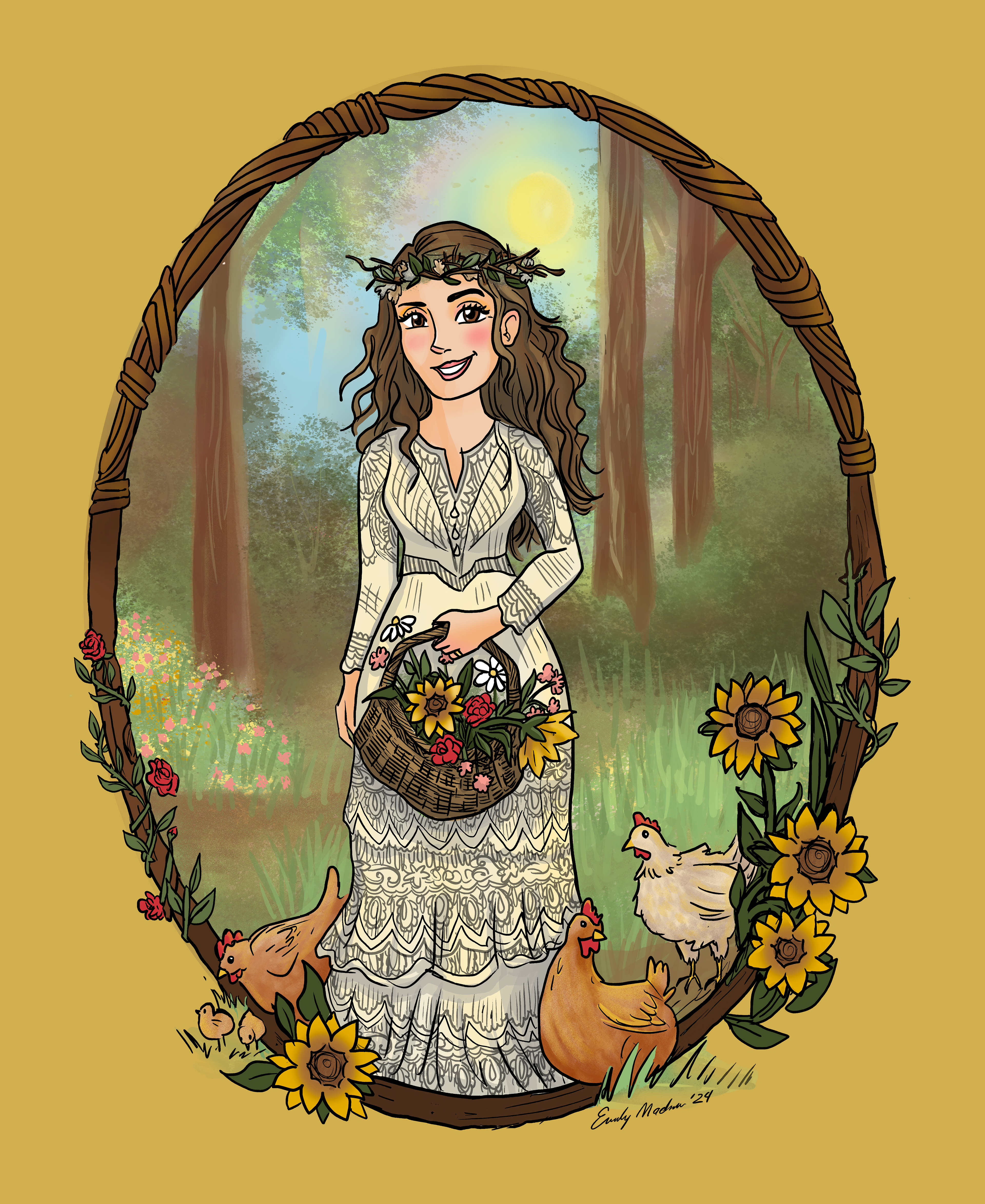 Mother, Individual portrait - Full Body - Ornate Border, Simple Background, Woodland/Homestead theme.