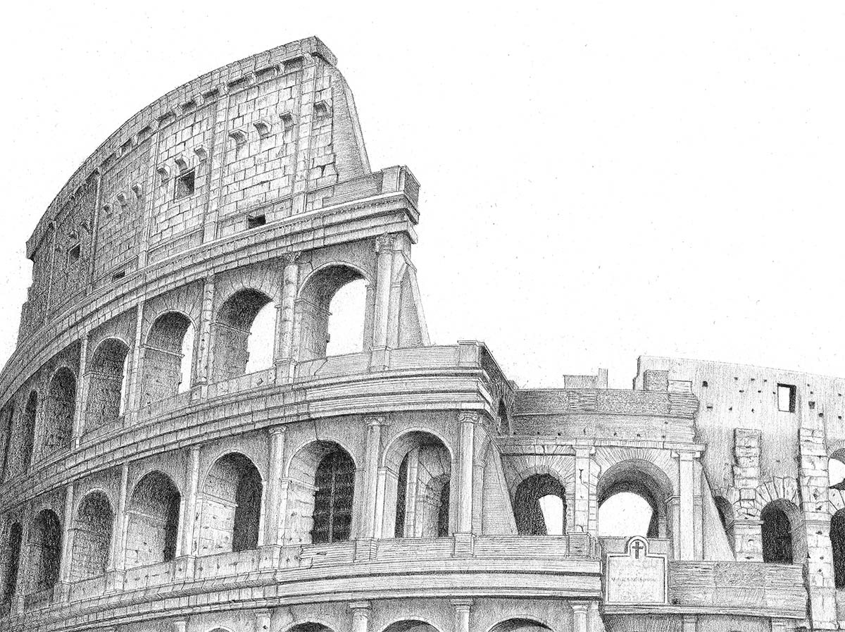 Es una parte del dibujo del Coliseo Romano en donde se aprecia todos los detalles