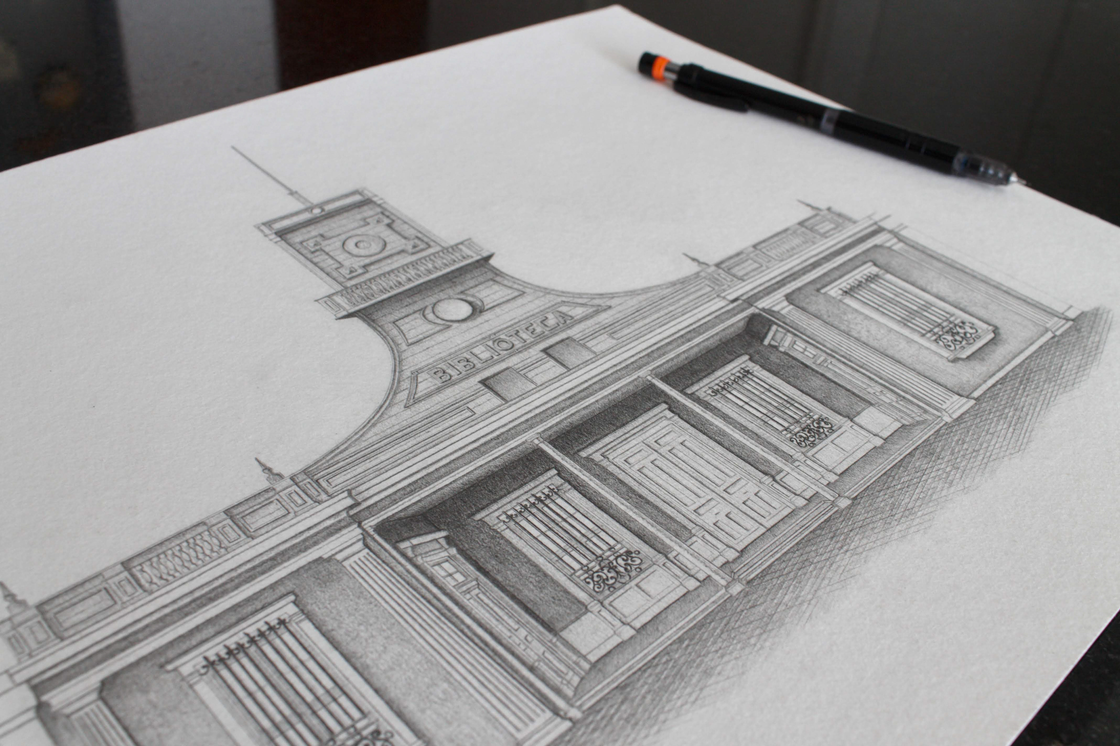 Retrato arquitectónico de la Biblioteca Municipal de Barranco con estilo neoclásico y reloj de época