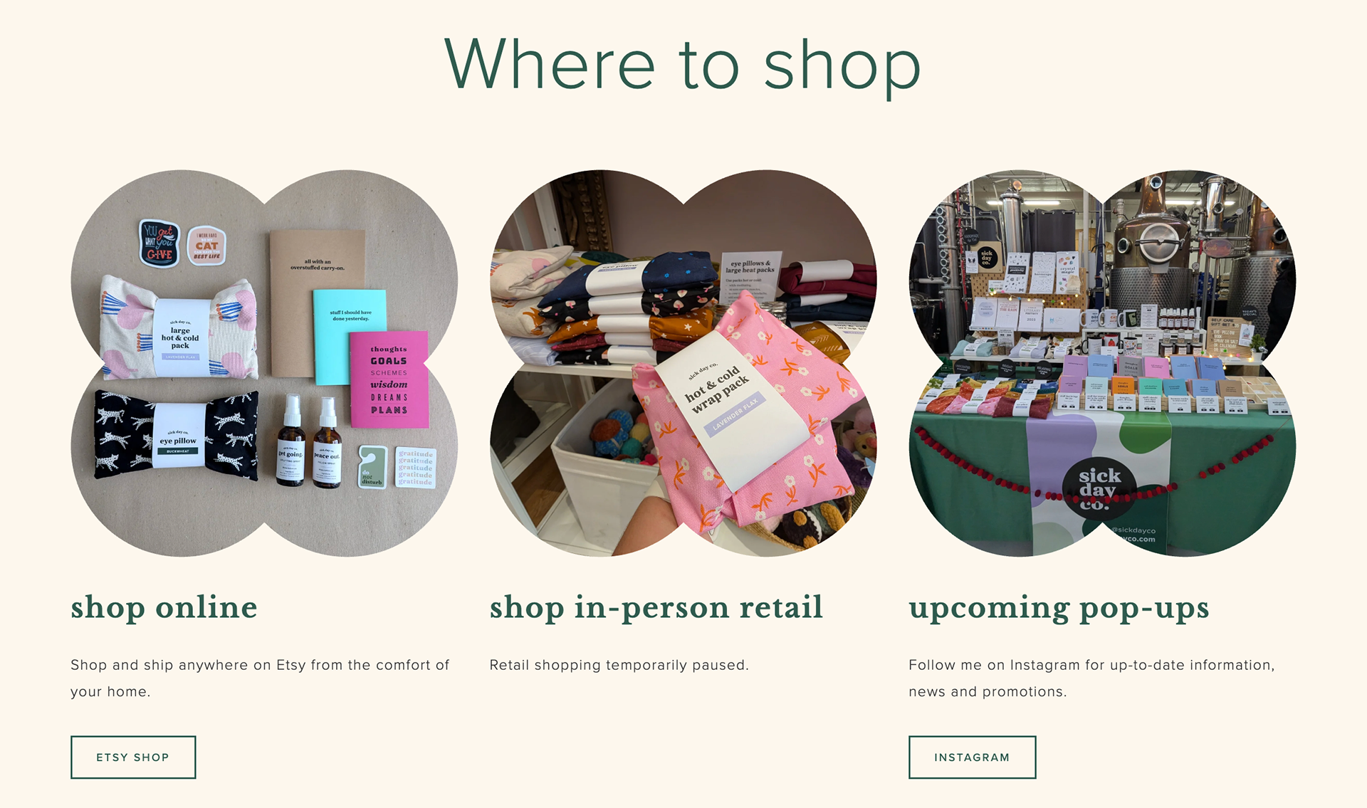 Preview of "where to shop" on the Sick Day Co website