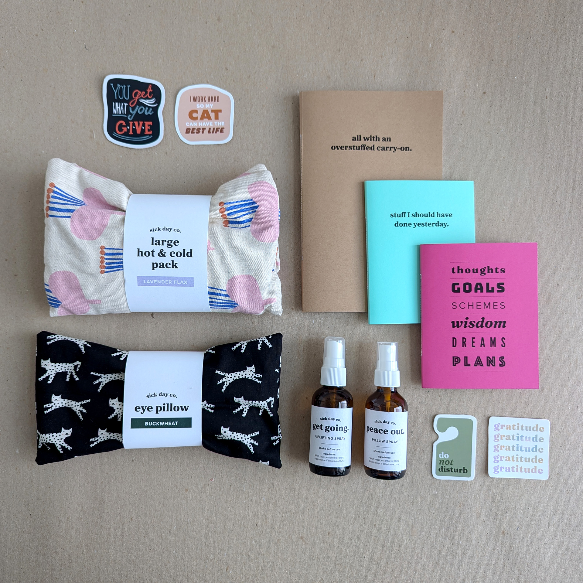 Stickers, notebooks, heat packs, and sprays