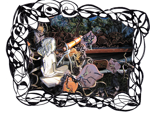 Dreamboxes began as collaged mixed media sculptures depicting miniature, surreal worlds inhabited by paper characters and moving parts.