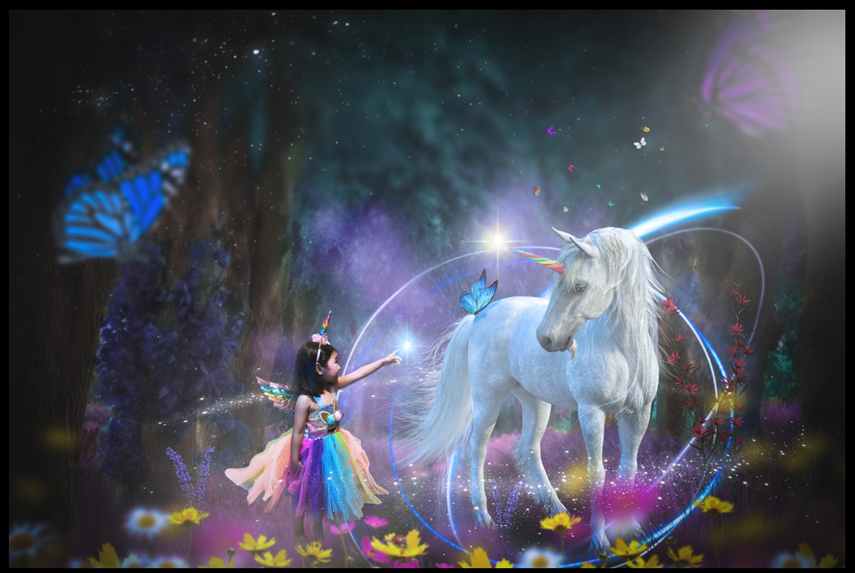 Whispers of the Unicorn Set in a mystical forest alive with butterflies and light, Khaliezy encounters a radiant unicorn, embodying innocence and the magic of belief.