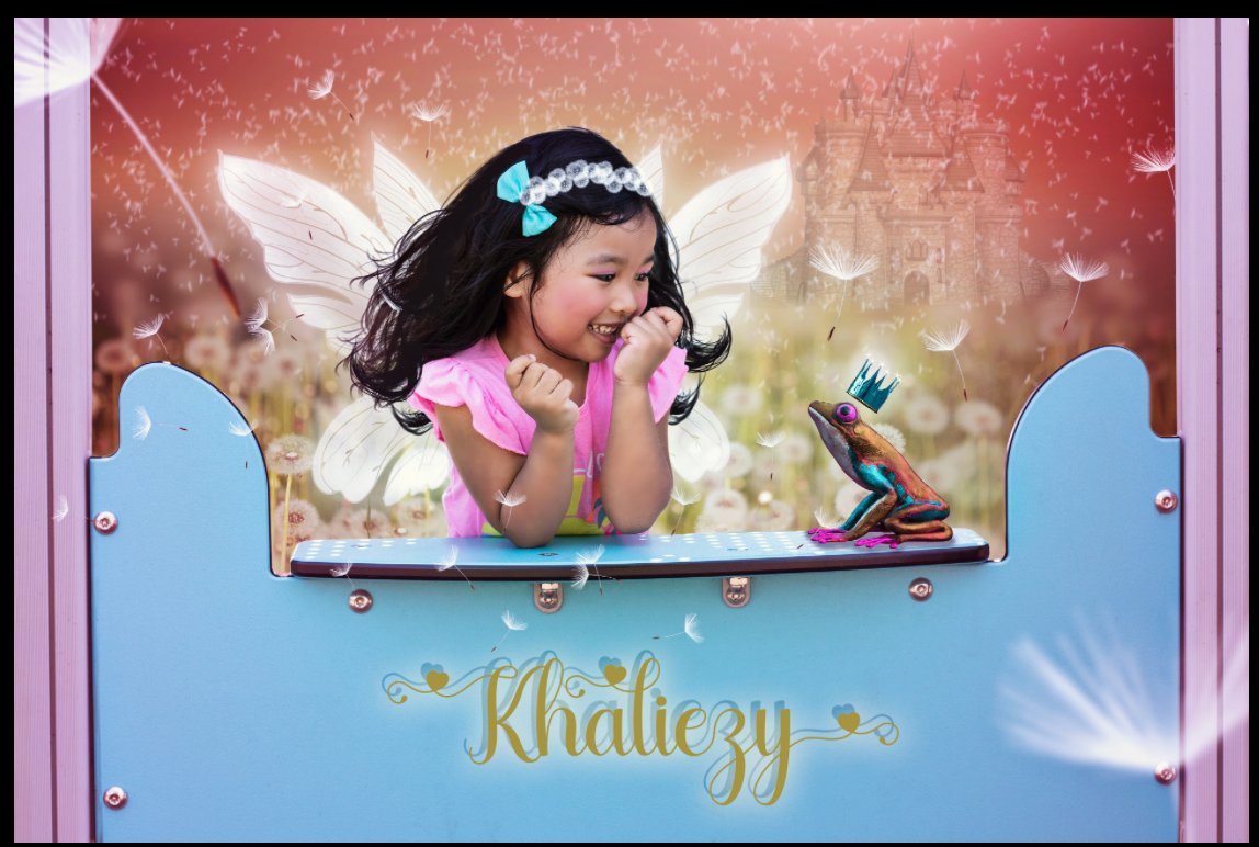 The Enchanted Encounter Khaliezy meets a whimsical prince frog beneath drifting dandelions and the silhouette of a distant castle. A playful scene that feels straight out of a fairytale.