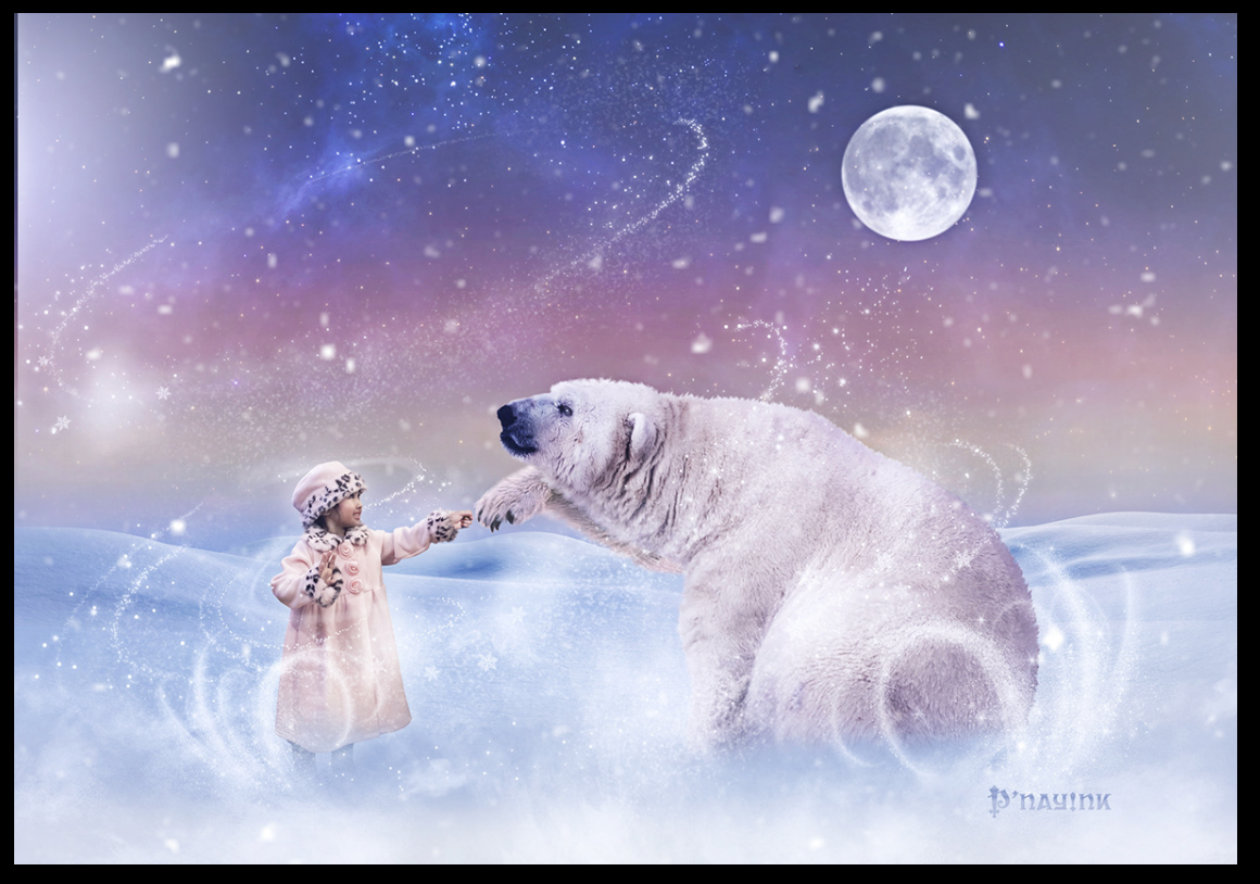 The Arctic Guardian In a snow-covered wonderland, Khaliezy shares a magical bond with a polar bear beneath the glowing moon—symbolizing trust and gentle strength.
