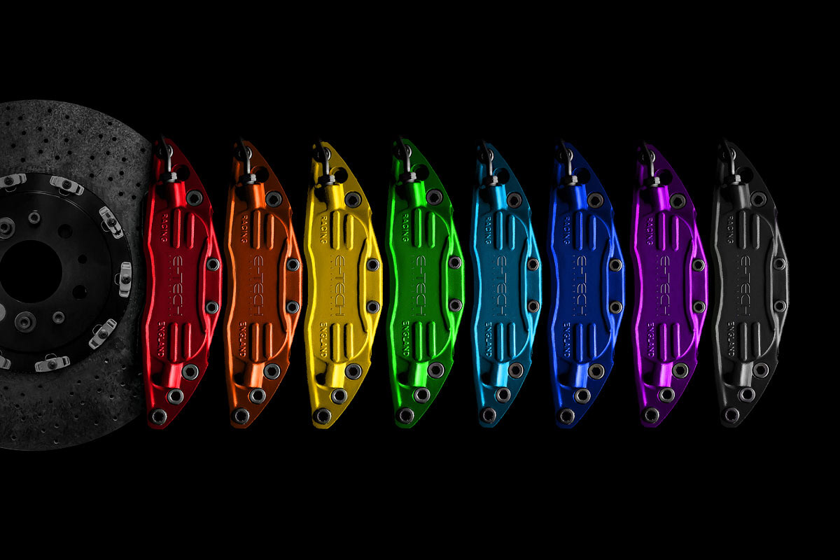 brake caliper paint group shot showing rainbow of colour options | Pro Exposure Photography