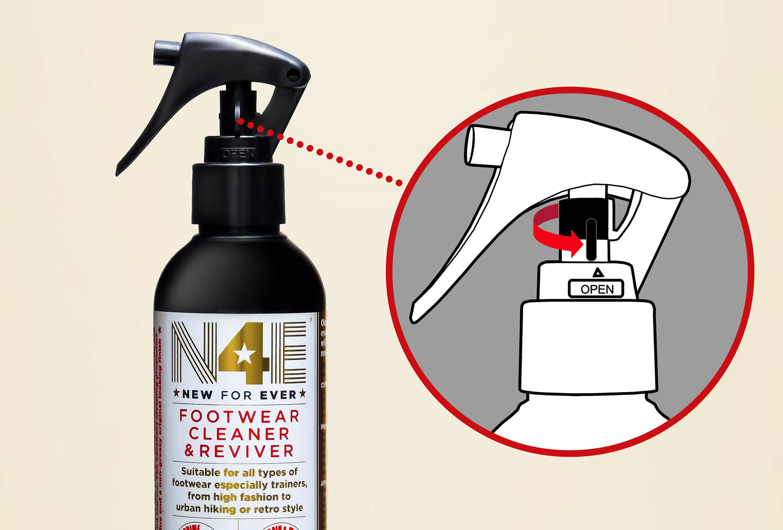 infographic for N4 E product showing the opening/ locking mechanism on the spray trigger | information graphic | Pro Exposure Photography