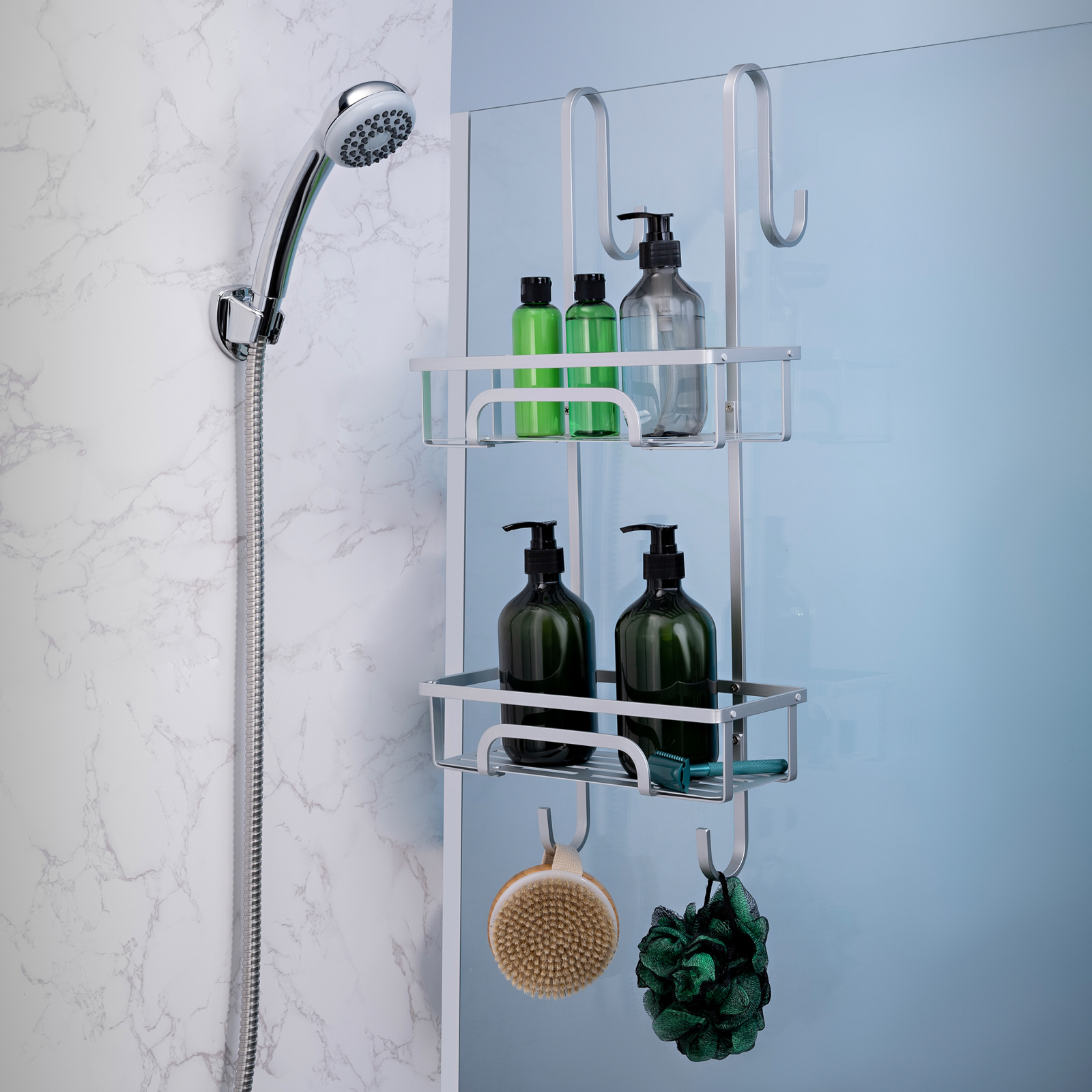 Lifestyle bathroom set with shower haging storage product | Pro Exposure Photography