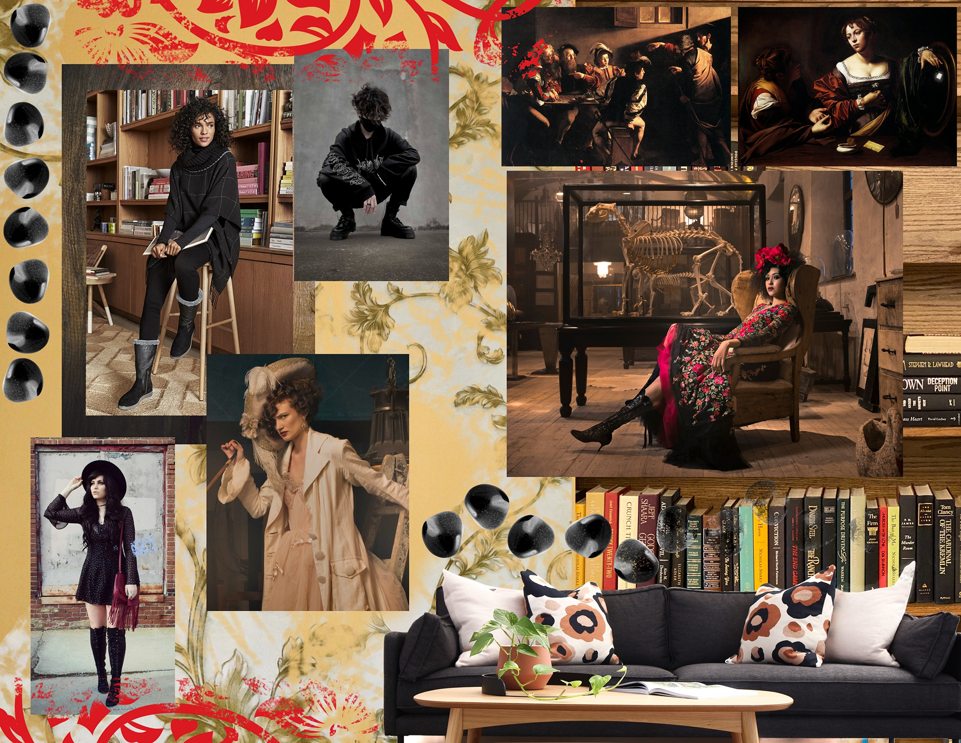 A collage-style moodboard. The background image is aged yellow wallpaper with a floral print. From top left to bottom right it is layered with PNGs of black stones, a photo of a person with shoulder lenght curly hair posed on top of a stool in front of a bookcase, a person in all back outfit with boots and a face mask crouched in front of a cement wall, two baroque paintings (one showing a room of people arguing and one showing two women talking), a women in a fancy embrodered dress and stilletto boots lounging in a a leather armchair in front of an animal skeleton in a glass case, more black stone pngs, a women ina fancy, all cream outfit, a photo of a woman in black, slightly gothic streetwear, a png of a black couch and wooden coffee table layered in front of a detail shot of a bookshelf