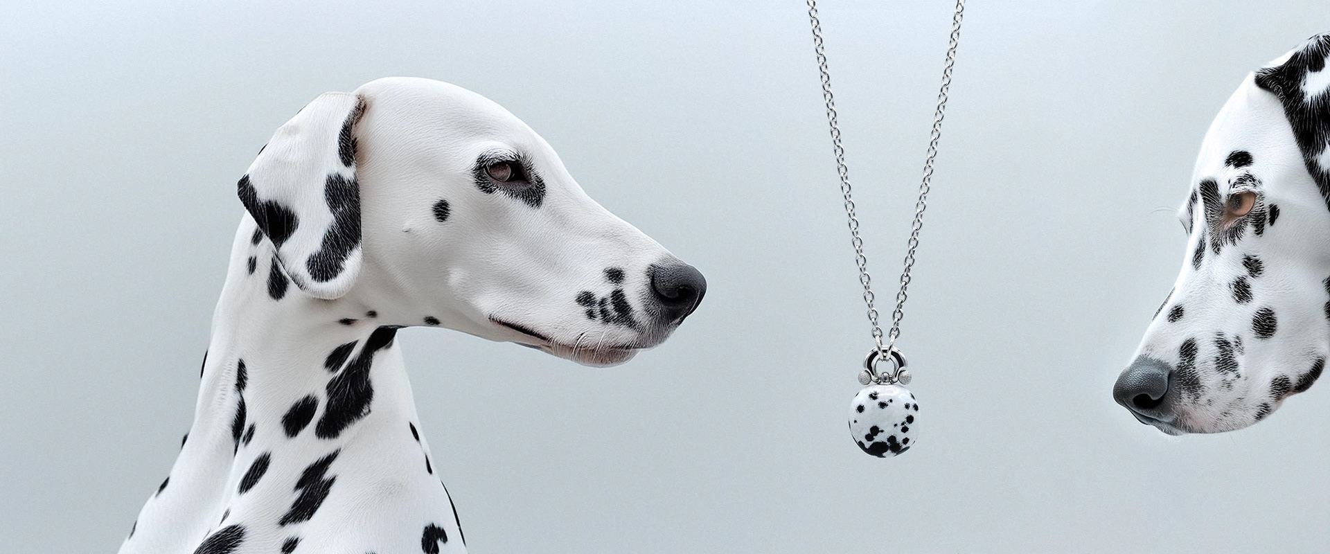 Silver and copper necklace with hand-painted dalmatian pattern in hot enamel. Collier en argent et cuivre avec motif dalmatien peint à la main en émail chaud.