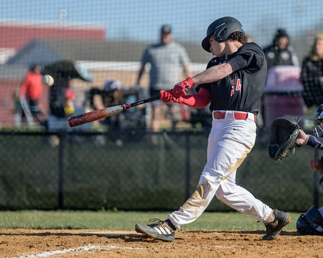 Bryce Meosky of Lenape High School hits a single to left during the scrimmage against Holy Spirit at Lenape High School in Medford, NJ. (Photo by Brian Barbash/gametimedreams.com)