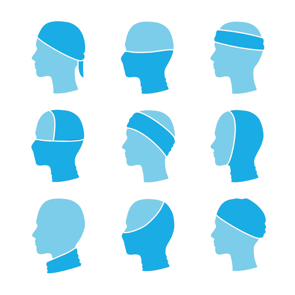 Illustrated graphic created in AI for the product description of the PADI buff face masks to show the different ways it could be worn.