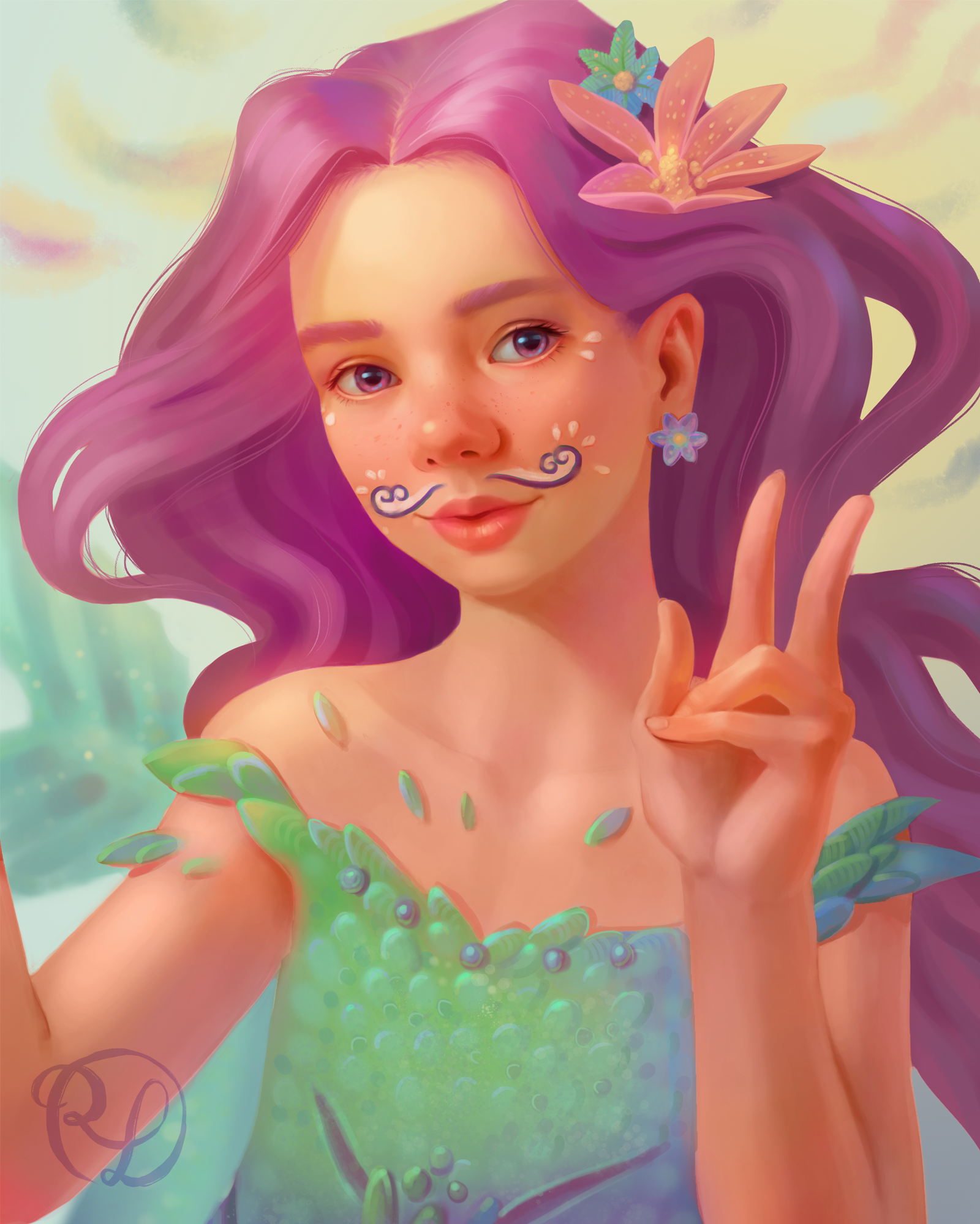 An illustration of a mermaid. The mermaid has a moustache painted on her face. She is showing a peace sign.