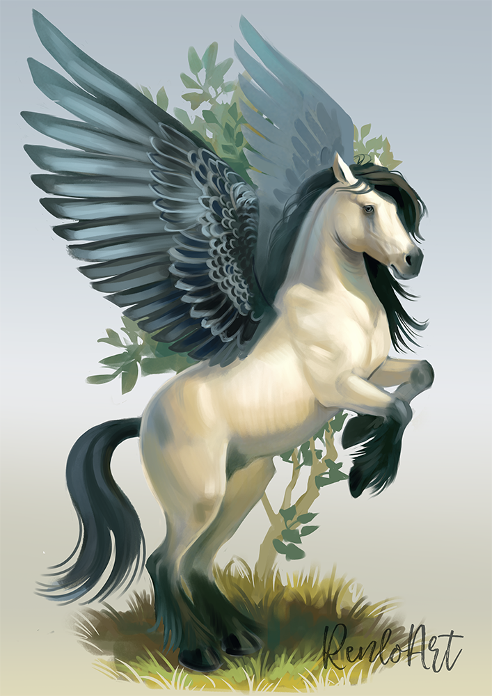 Fantastical creature illustration, commission. An illustration of a white pegasus. White winged horse with black mane and black wings