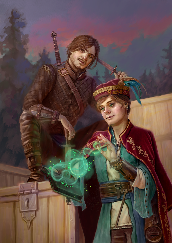 Witcher LARP character portrait. A witcher mage and a witcher. The mage is summoning a spell from a book, dressed flamboyantly. The witcher is squatting on a wooden box, scratching his head with a dagger