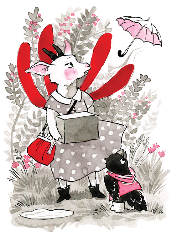 A female goat in a polka dot dress with fake fairy wings holding a box and wearing a handbag somewhere on a forest path. She and a small crow in a raincoat sees her white umbrella being blown away by the wind. Full page illustration of children's picture book "Dullā Diena Dundurzālē" by Latvian author and illustrator Renate Logina (RenLoArt). Black and red ink drawing and ink wash.