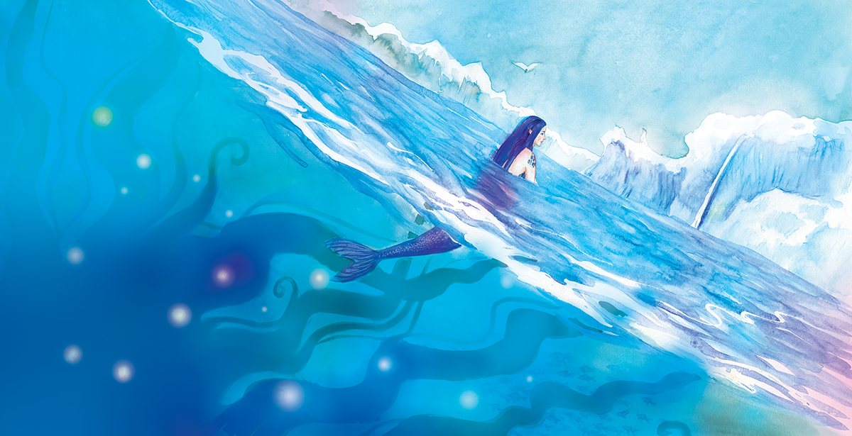 Mermaid peaking out of the water. Icy shores in the background Spread illustration for "Deep Depth" by Latvian author and illustrator Renate Logina (RenLoArt). Grāmatu ilustrācija ar nāriņu. Mixed media.
