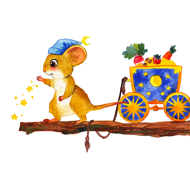 Mouse with a blue hat on a branch, pouring a pinch of sleeping sand from her cute blue cart that's right behind her. Half page illustration of children's picture book "Velc, pelite!" by Latvian author and illustrator Renate Logina (RenLoArt). Watercolor and pencil.