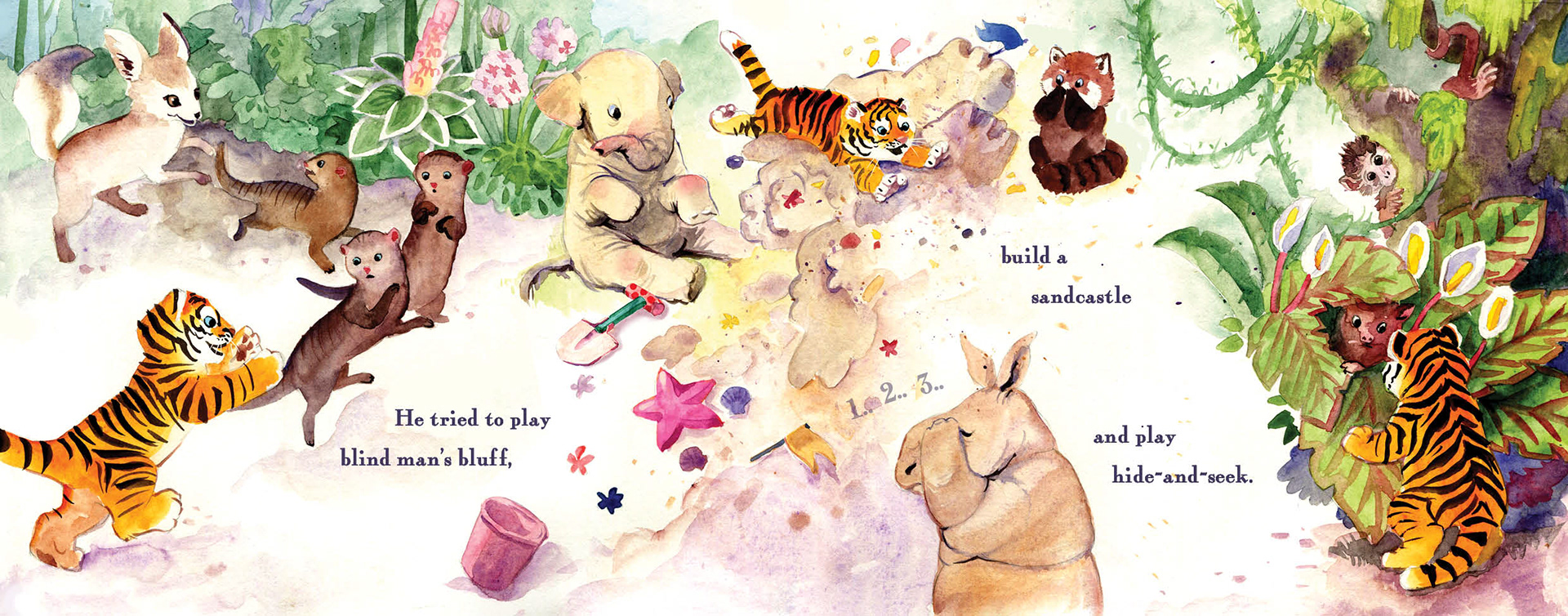 All sorts of animals playing in the sand, hide and seek and other games. Tiger is butting in. Spread illustration for "Too little too much and just in time" by Latvian author and illustrator Renate Logina (RenLoArt). Bērnu grāmatas ilustrācija ar tīģerēnu un citiem zvēriem. Watercolors.