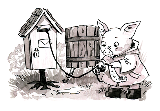 Piglet in a raincoat reading something attatched to a string that he pulled out of a mailbox on a forest path. Spot illustration of children's picture book "Dullā Diena Dundurzālē" by Latvian author and illustrator Renate Logina (RenLoArt). Black ink drawing and ink wash.